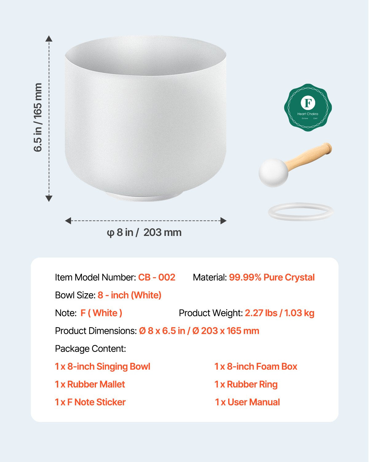 8-Inch Frosted Quartz Crystal Singing Bowl - F Note Heart Chakra Sound Healing Set for Meditation, Yoga, and Relaxation with Mallet & O-Ring