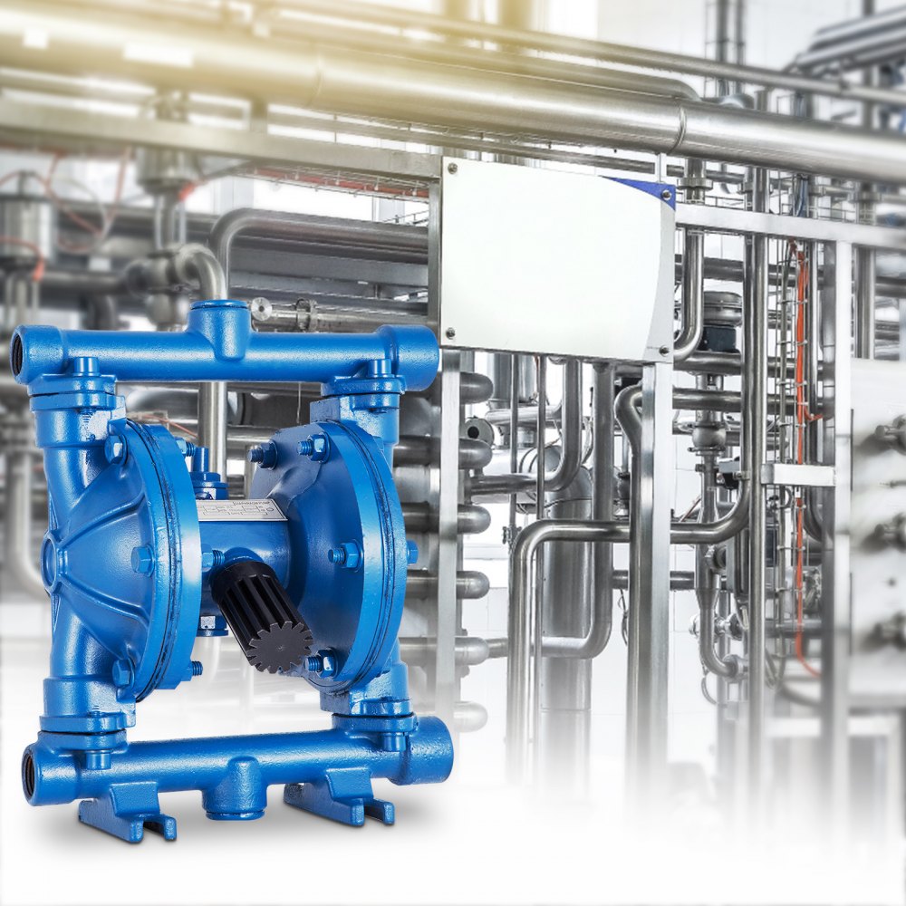 Heavy-Duty Pneumatic Double Diaphragm Pump with Cast Iron Body, 1/2" Inlet/Outlet, 8.8 GPM, 120 PSI for Petroleum and Low Viscosity Fluids