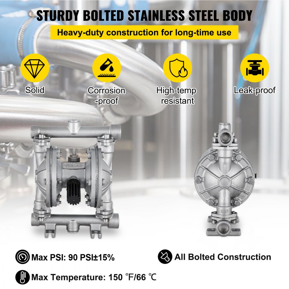 High-Performance Stainless Steel Air-Operated Diaphragm Pump for Chemical Applications, 12 GPM, 115 PSI, Featuring 1/2" Inlet & Outlet