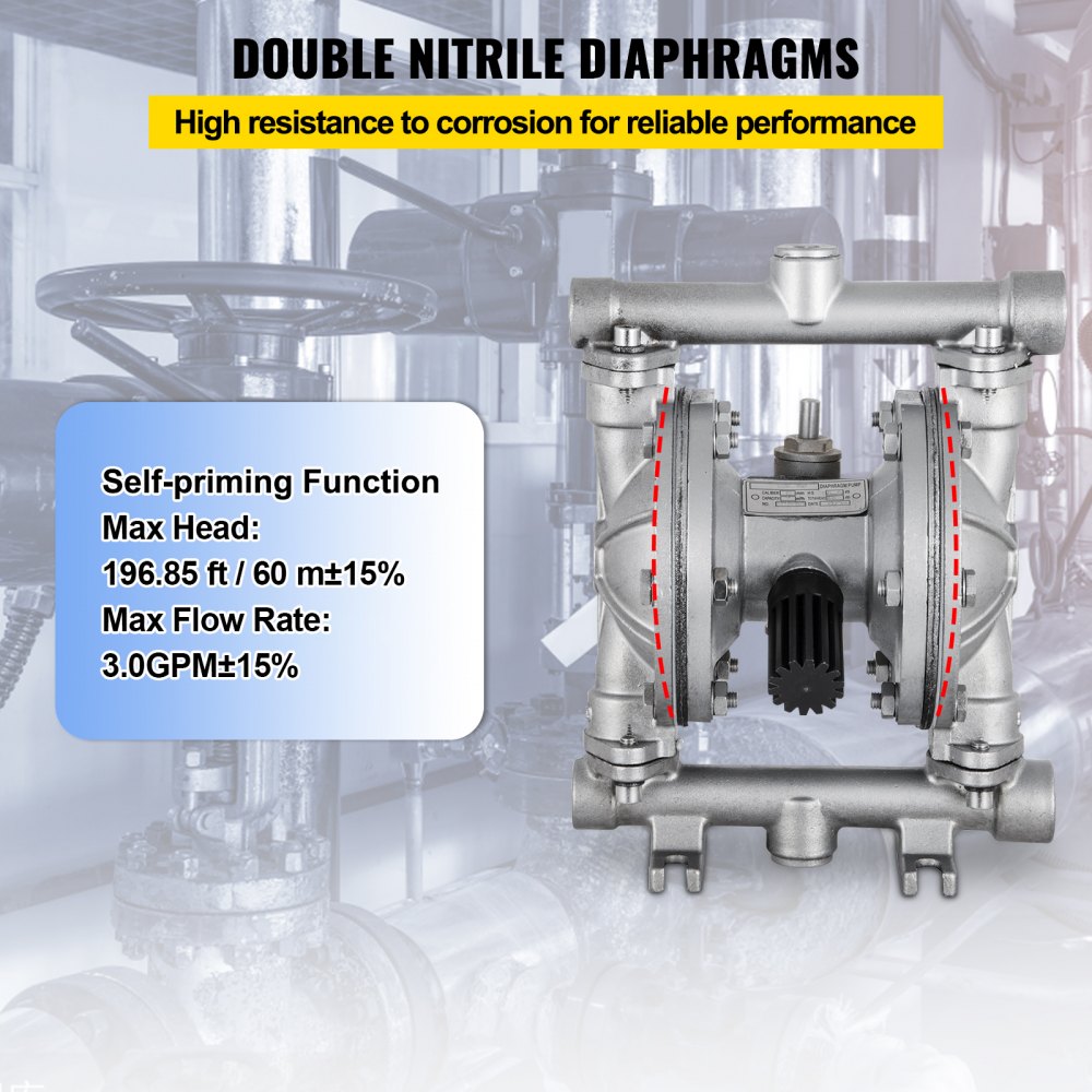 High-Performance Stainless Steel Air-Operated Diaphragm Pump for Chemical Applications, 12 GPM, 115 PSI, Featuring 1/2" Inlet & Outlet