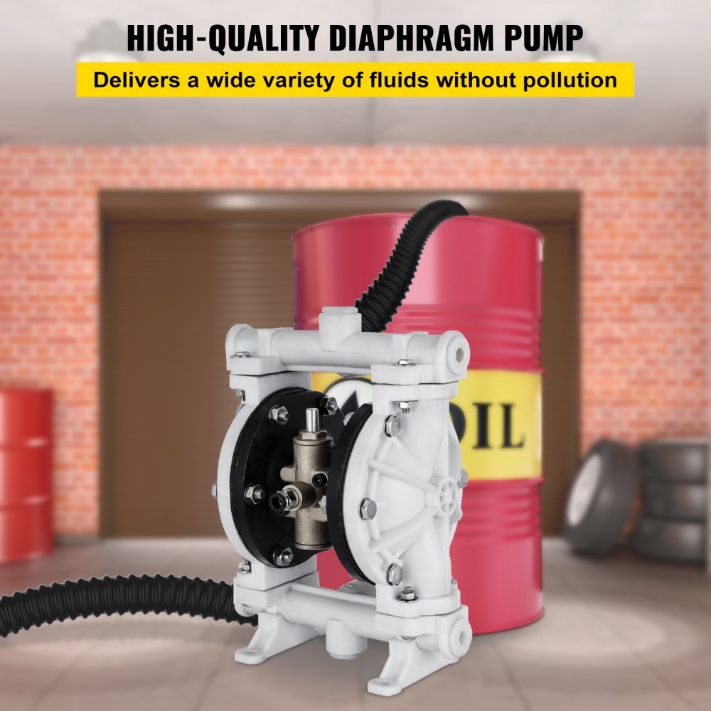 1/2 Inch Inlet Outlet Polypropylene Air-Operated Diaphragm Pump for Chemical Industries, 13 GPM Max Flow, 100 PSI, Nitrile Corrosion-Resistant Design