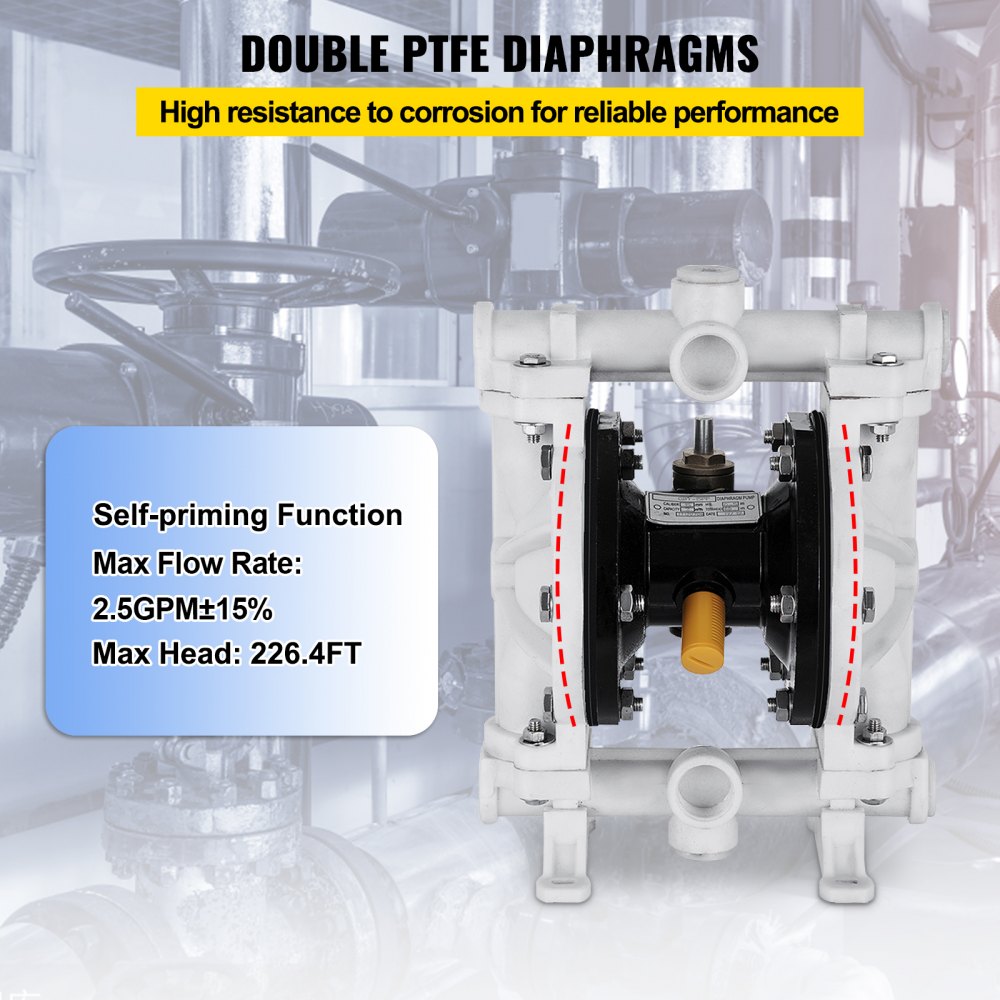1/2 Inch Inlet Outlet Polypropylene Air-Operated Diaphragm Pump for Chemical Industries, 13 GPM Max Flow, 100 PSI, Nitrile Corrosion-Resistant Design