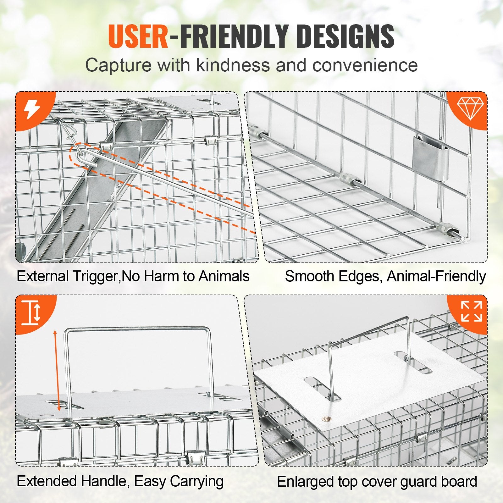 Humane Folding Animal Cage Trap 24"x8"x8" for Cats, Rabbits, Squirrels, Raccoons, Durable Galvanized Iron with Handle, Easy Setup