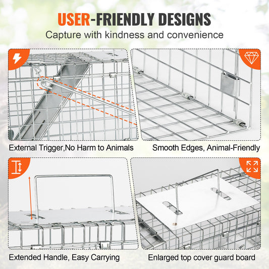 Humane Folding Animal Cage Trap 24"x8"x8" for Cats, Rabbits, Squirrels, Raccoons, Durable Galvanized Iron with Handle, Easy Setup