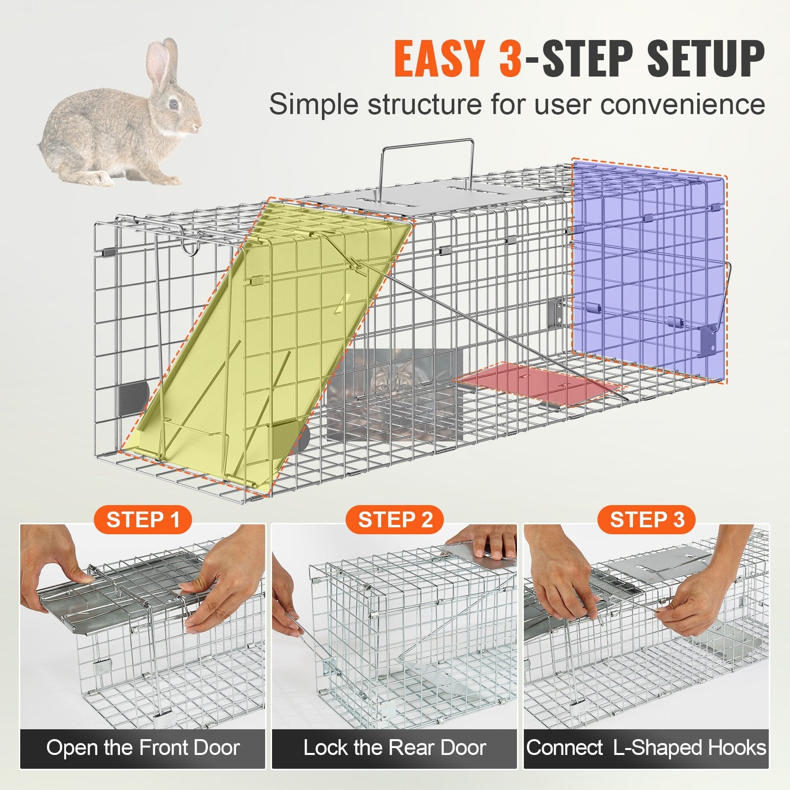 Humane Folding Animal Cage Trap 24"x8"x8" for Cats, Rabbits, Squirrels, Raccoons, Durable Galvanized Iron with Handle, Easy Setup