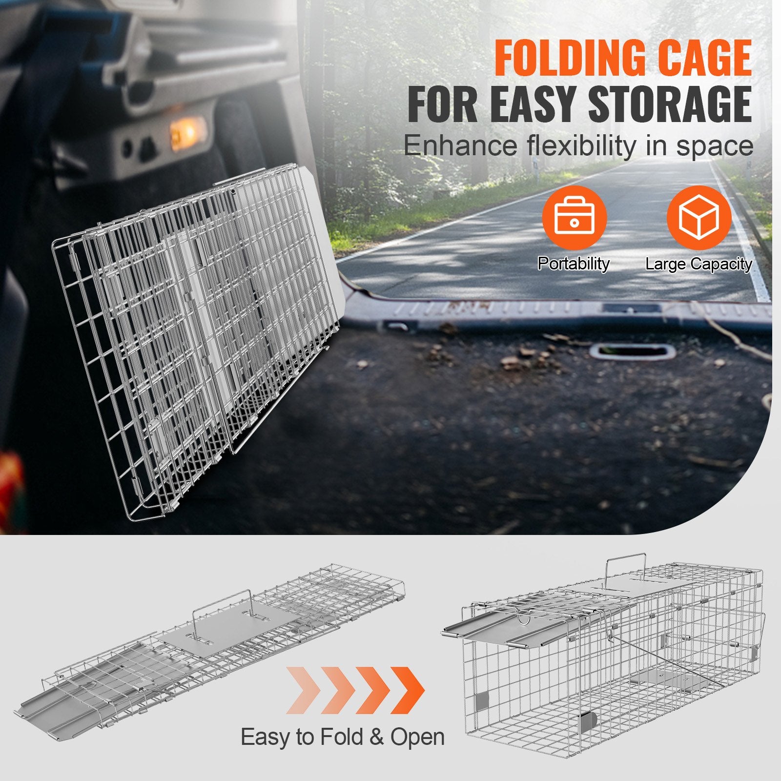 Humane Folding Animal Cage Trap 24"x8"x8" for Cats, Rabbits, Squirrels, Raccoons, Durable Galvanized Iron with Handle, Easy Setup