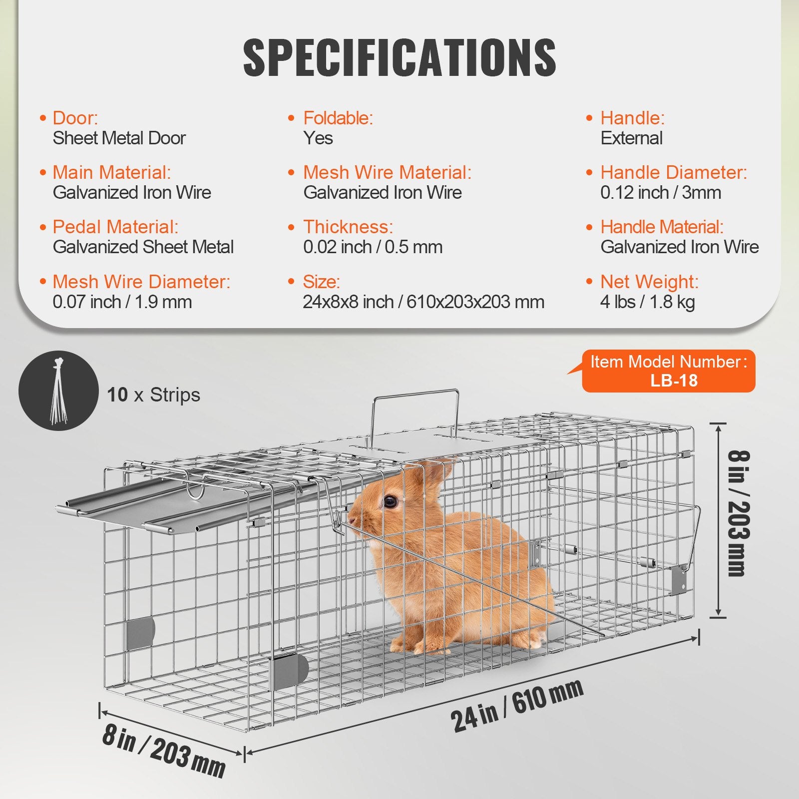 Humane Folding Animal Cage Trap 24"x8"x8" for Cats, Rabbits, Squirrels, Raccoons, Durable Galvanized Iron with Handle, Easy Setup
