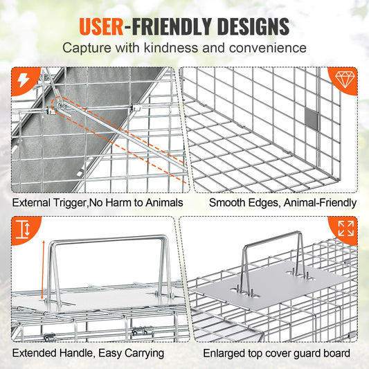 Humane Folding Live Animal Cage Trap 31"x10"x12" for Cats, Rabbits, Squirrels, Raccoons, Groundhogs - Durable Galvanized Iron Design