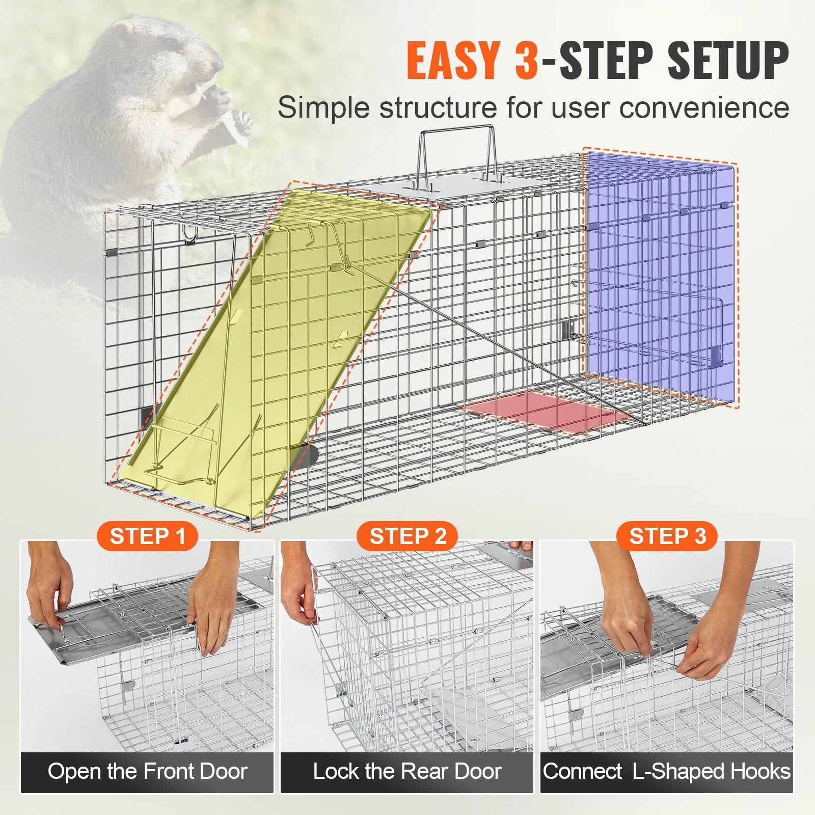 Humane Folding Live Animal Cage Trap 31"x10"x12" for Cats, Rabbits, Squirrels, Raccoons, Groundhogs - Durable Galvanized Iron Design