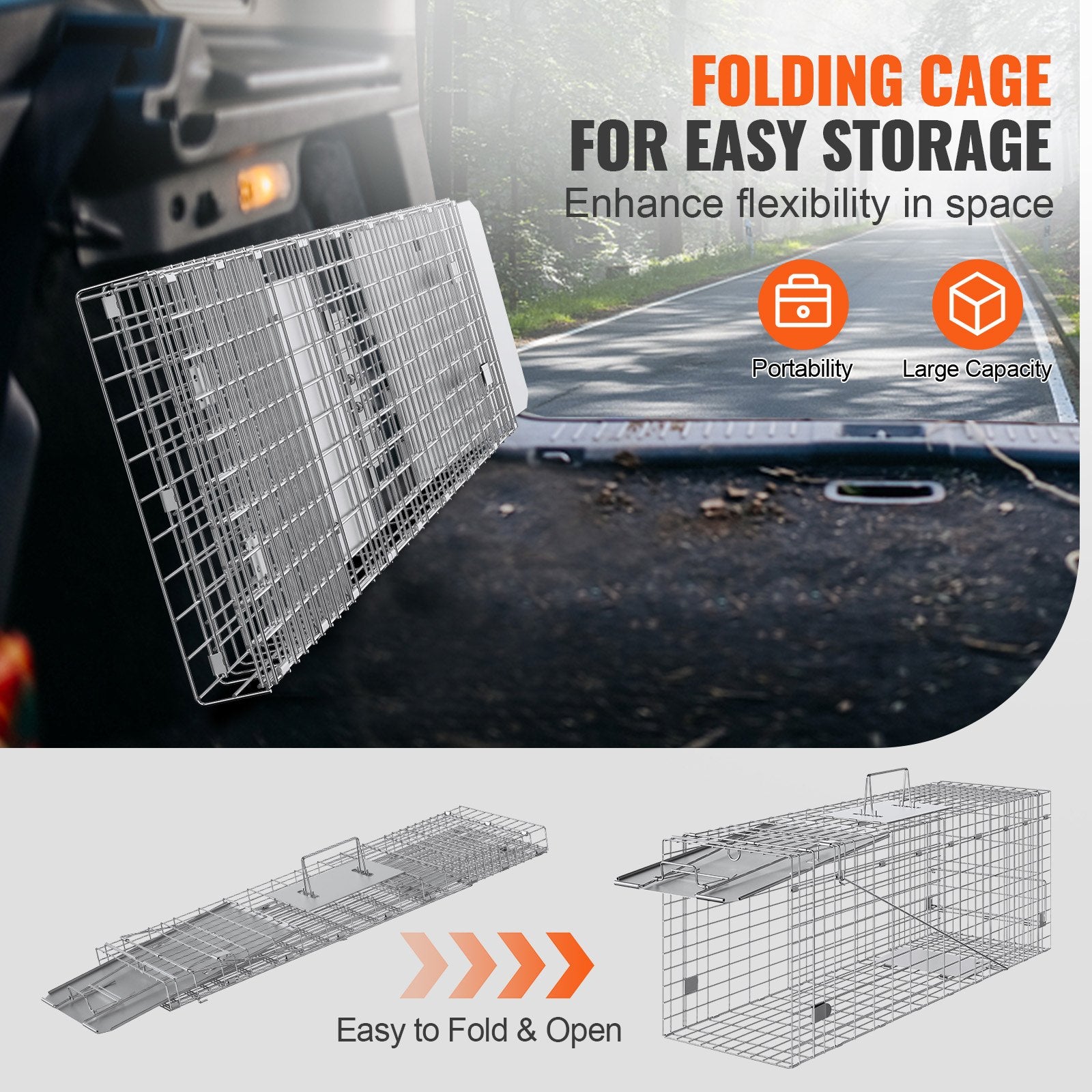 Humane Folding Live Animal Cage Trap 31"x10"x12" for Cats, Rabbits, Squirrels, Raccoons, Groundhogs - Durable Galvanized Iron Design
