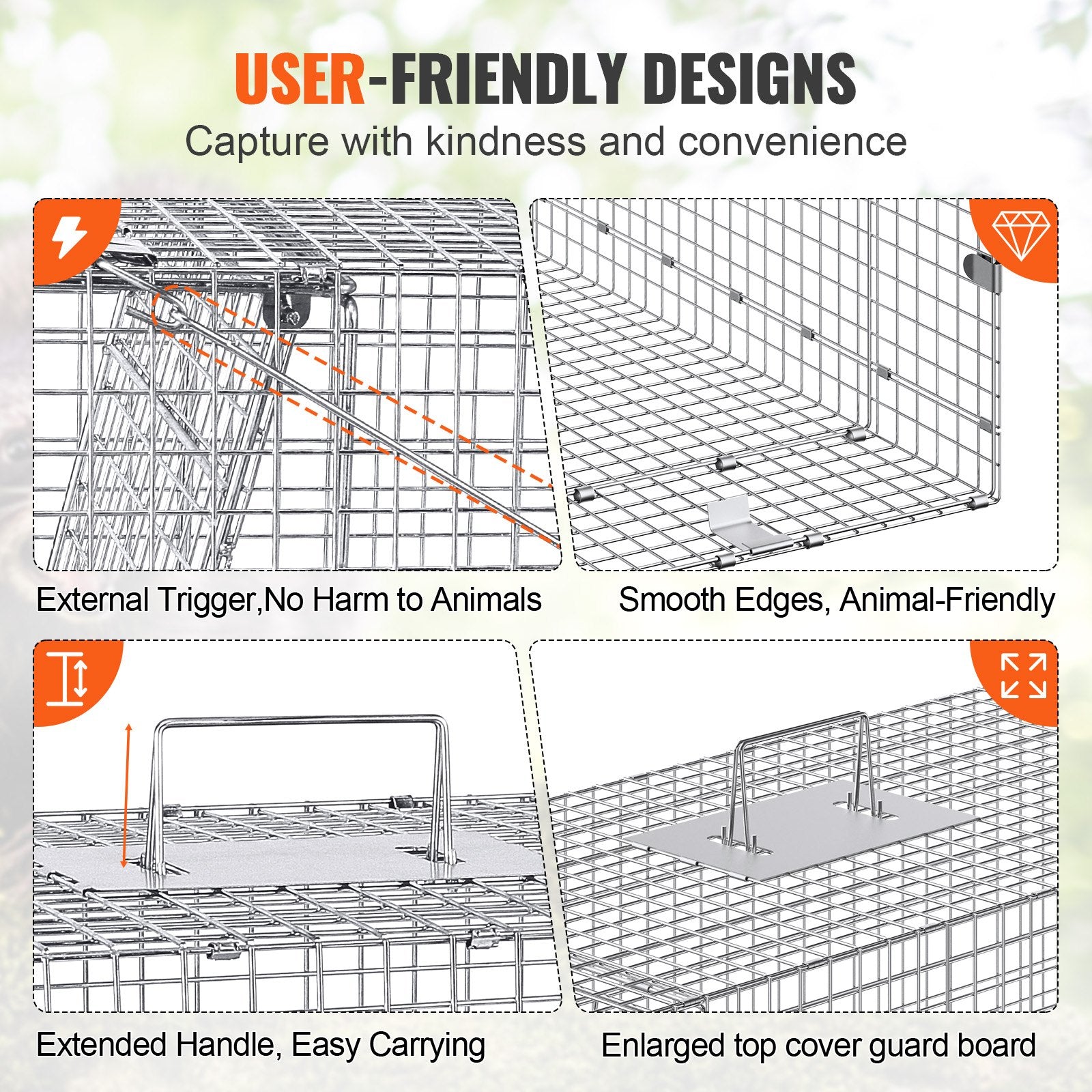 Humane Live Animal Cage Trap 42"x16"x18" Galvanized Iron, Foldable with Handle for Catching Stray Dogs, Armadillos, Raccoons, Marmots, Foxes