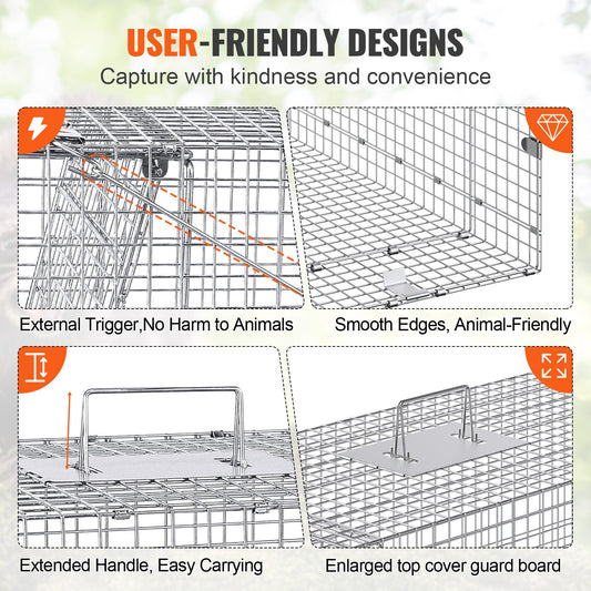 Humane Live Animal Cage Trap 42"x16"x18" Galvanized Iron, Foldable with Handle for Catching Stray Dogs, Armadillos, Raccoons, Marmots, Foxes