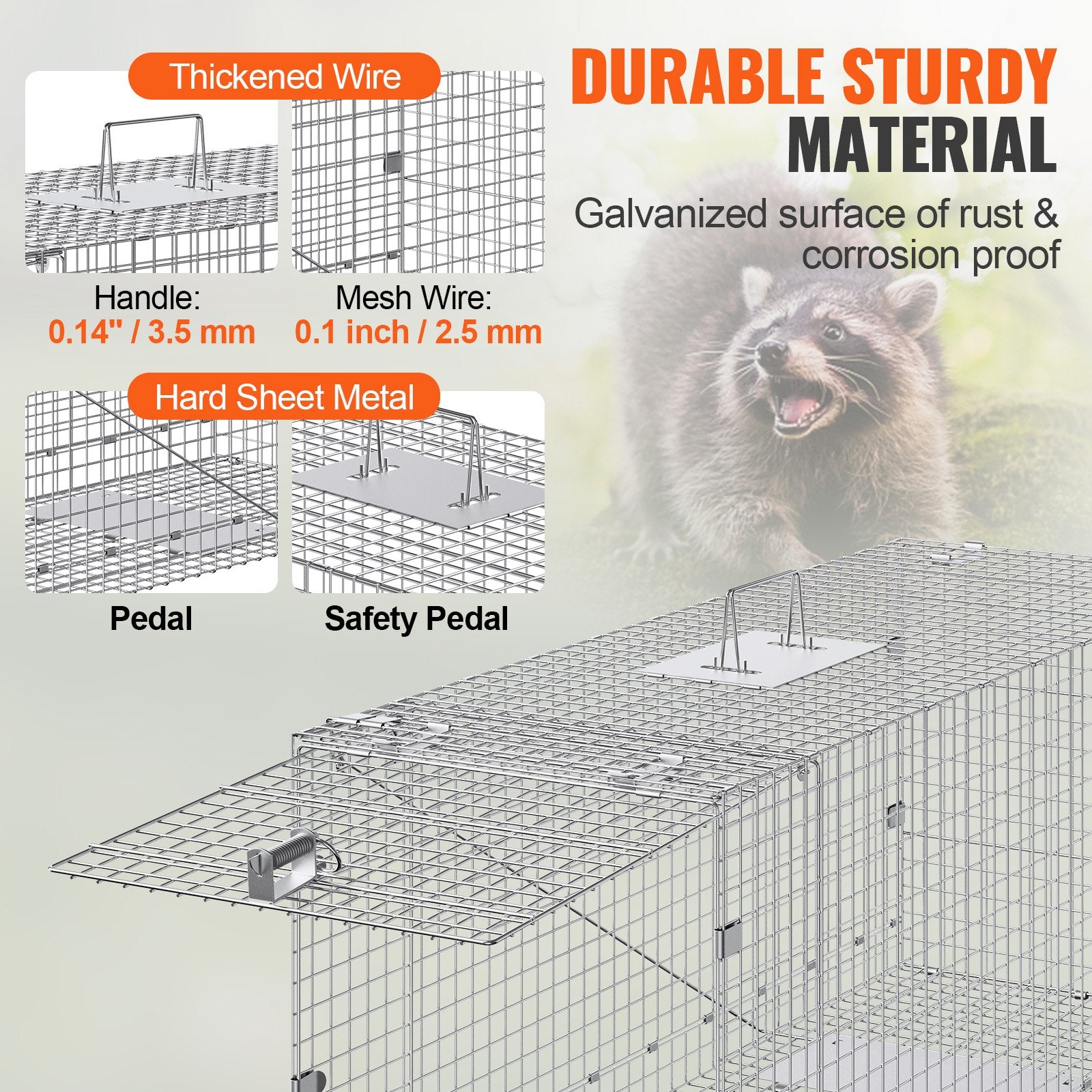 Humane Live Animal Cage Trap 42"x16"x18" Galvanized Iron, Foldable with Handle for Catching Stray Dogs, Armadillos, Raccoons, Marmots, Foxes