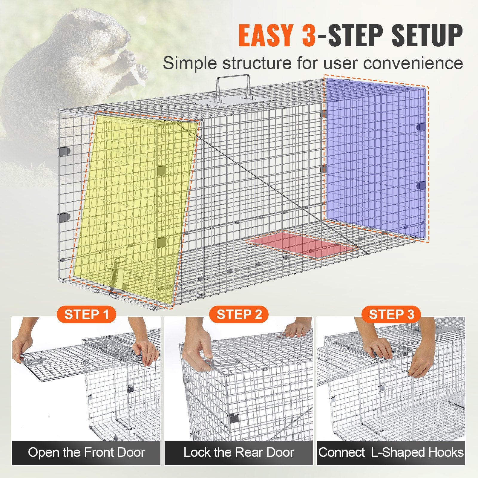Humane Live Animal Cage Trap 42"x16"x18" Galvanized Iron, Foldable with Handle for Catching Stray Dogs, Armadillos, Raccoons, Marmots, Foxes