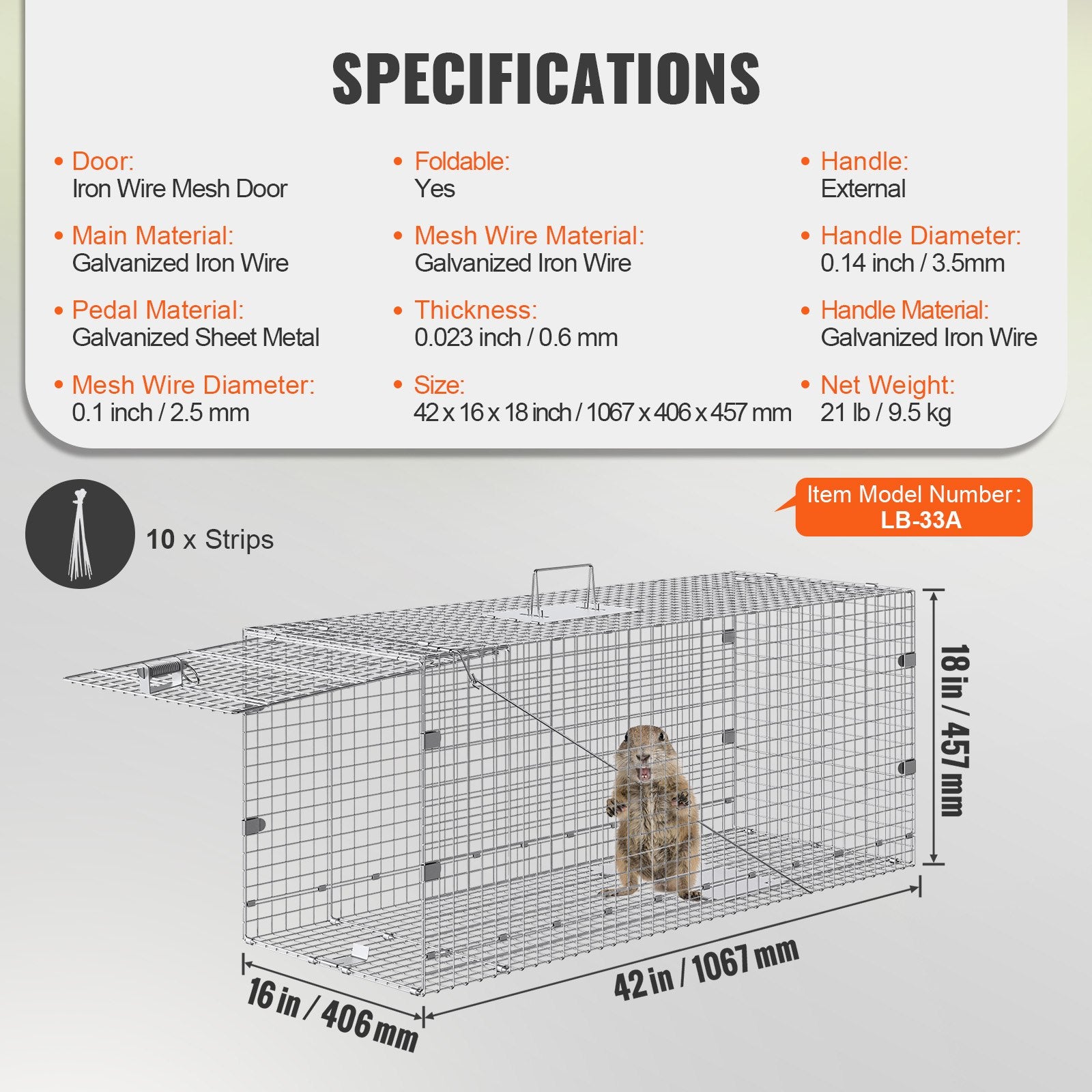 Humane Live Animal Cage Trap 42"x16"x18" Galvanized Iron, Foldable with Handle for Catching Stray Dogs, Armadillos, Raccoons, Marmots, Foxes