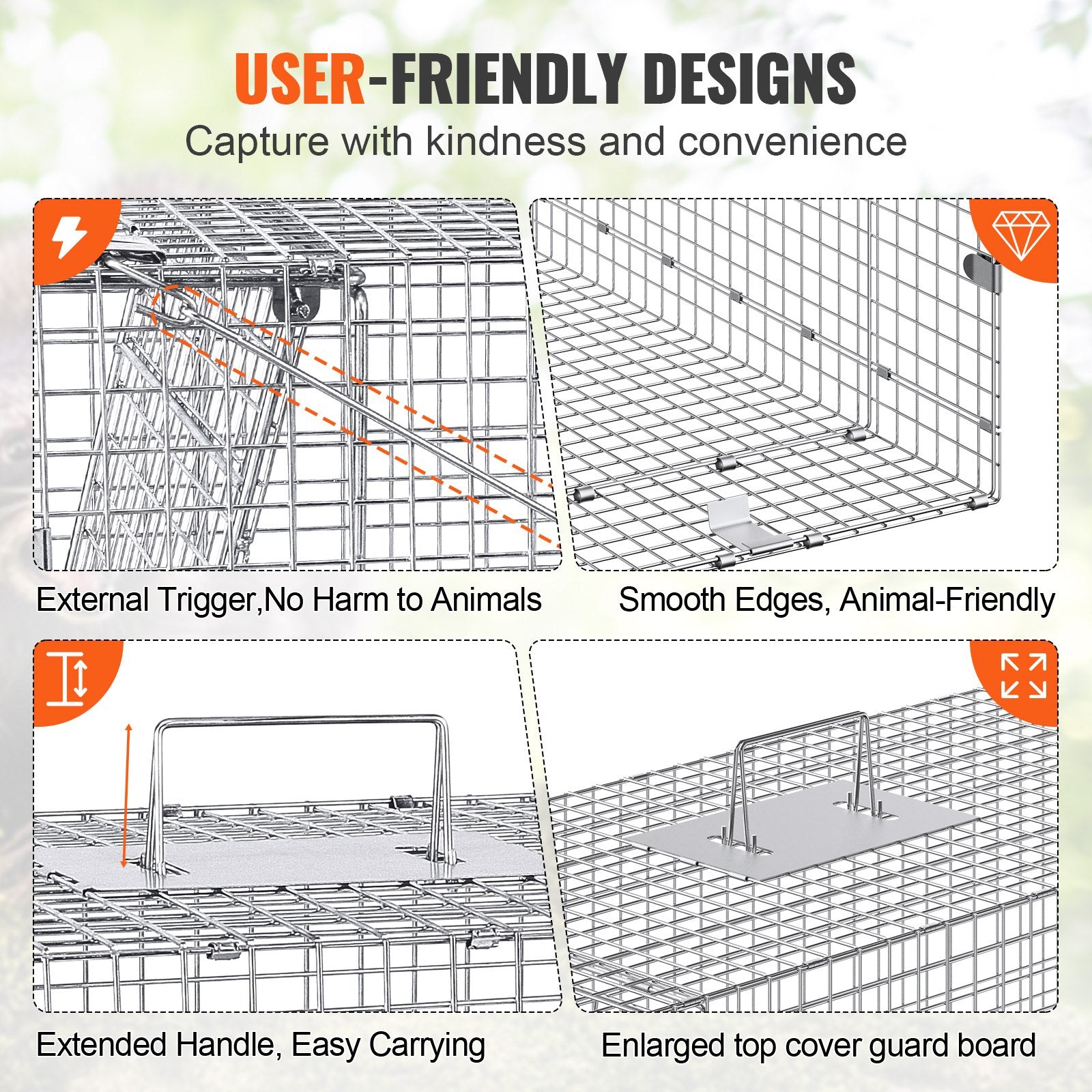 Foldable Live Animal Cage Trap, 50" x 20" x 26" for Humane Capture of Stray Dogs, Armadillos, Raccoons, Foxes - Durable Galvanized Iron Construction with Sensitive Trigger System, Easy Setup, and Versatile Use for Safe Animal Control