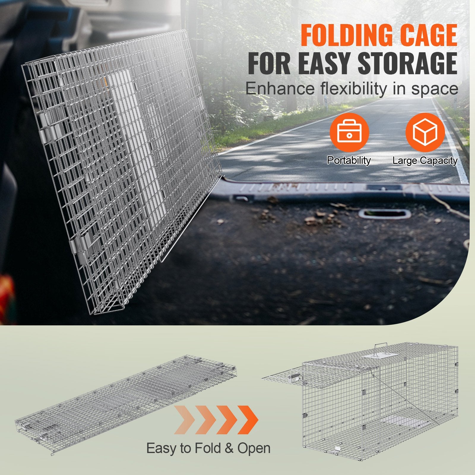 Foldable Live Animal Cage Trap, 50" x 20" x 26" for Humane Capture of Stray Dogs, Armadillos, Raccoons, Foxes - Durable Galvanized Iron Construction with Sensitive Trigger System, Easy Setup, and Versatile Use for Safe Animal Control