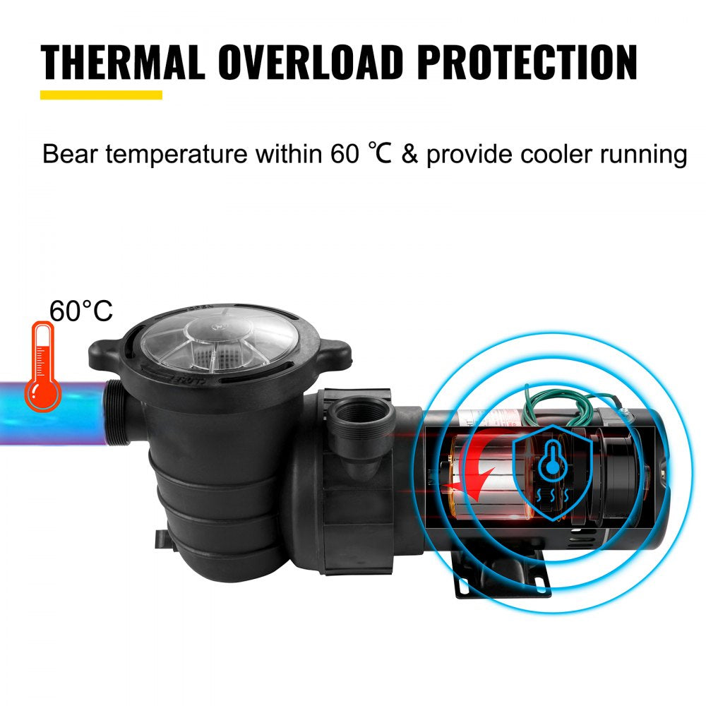 VEVOR 1.5 HP Pool Pump, 1100 W Above Ground Swimming Pool Pump, 4980 GPH Pool Pump Motor witn Strainer Basket, for Clean Swimming Pool Water Salter Water - 1.5" NPT, 6.6 ft Cord