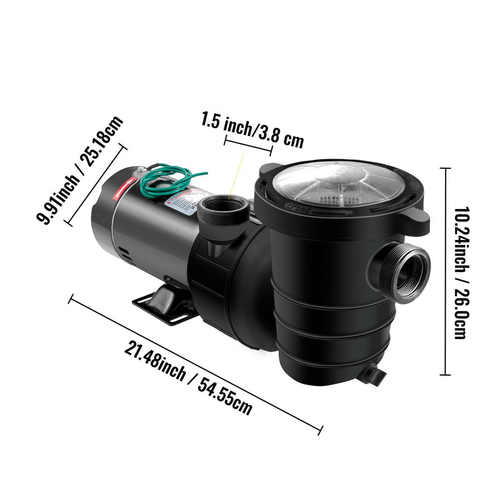 VEVOR 1.5 HP Pool Pump, 1100 W Above Ground Swimming Pool Pump, 4980 GPH Pool Pump Motor witn Strainer Basket, for Clean Swimming Pool Water Salter Water - 1.5" NPT, 6.6 ft Cord
