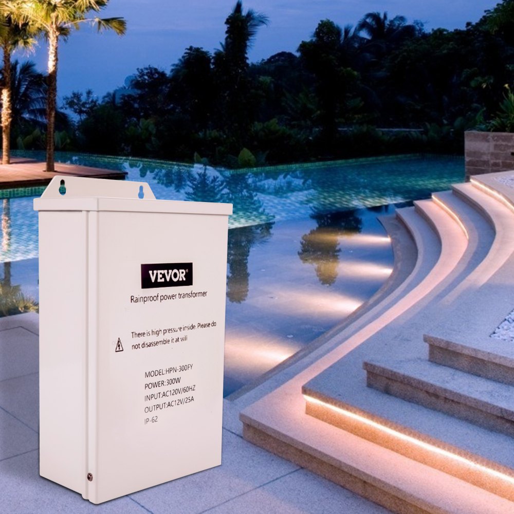 VEVOR Pool Light Transformer, 300 Watt Outdoor Landscape Lighting Transformer, 12V AC Pool Light Transformer, Pool/Spa/Landscape Lighting, Spotlight, Pathway Light, LED Compatible, Weatherproof