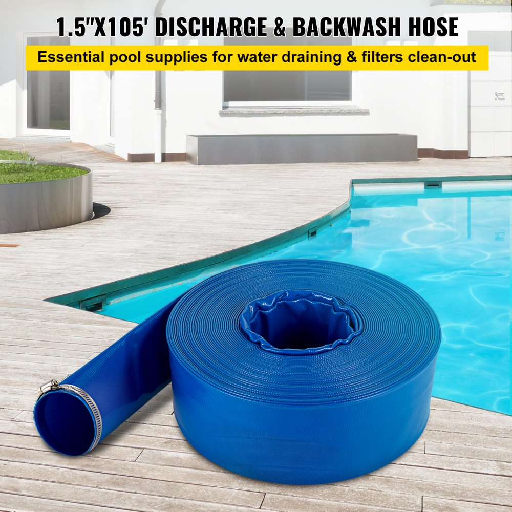 1.5 Inch x 105 Feet PVC Lay Flat Discharge and Backwash Drain Hose with Clamp