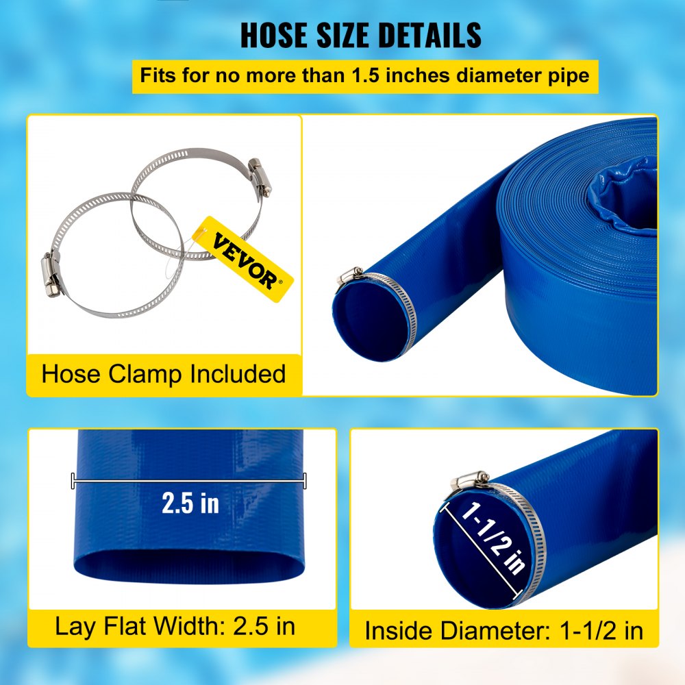 1.5 Inch x 105 Feet PVC Lay Flat Discharge and Backwash Drain Hose with Clamp