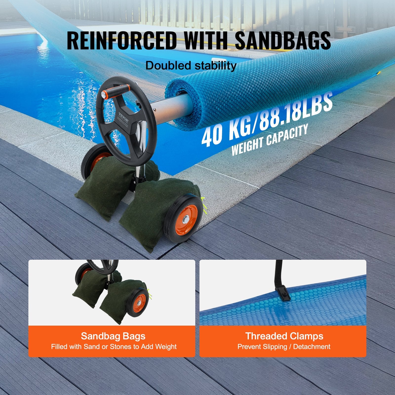 Premium Aluminum Pool Cover Reel with Solar Cover and Rubber Wheels, Fits 5-22 ft Pools, Easy Install, Includes Sandbags for Stability