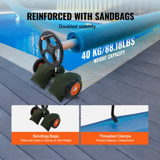 Premium Aluminum Pool Cover Reel with Solar Cover and Rubber Wheels, Fits 5-22 ft Pools, Easy Install, Includes Sandbags for Stability