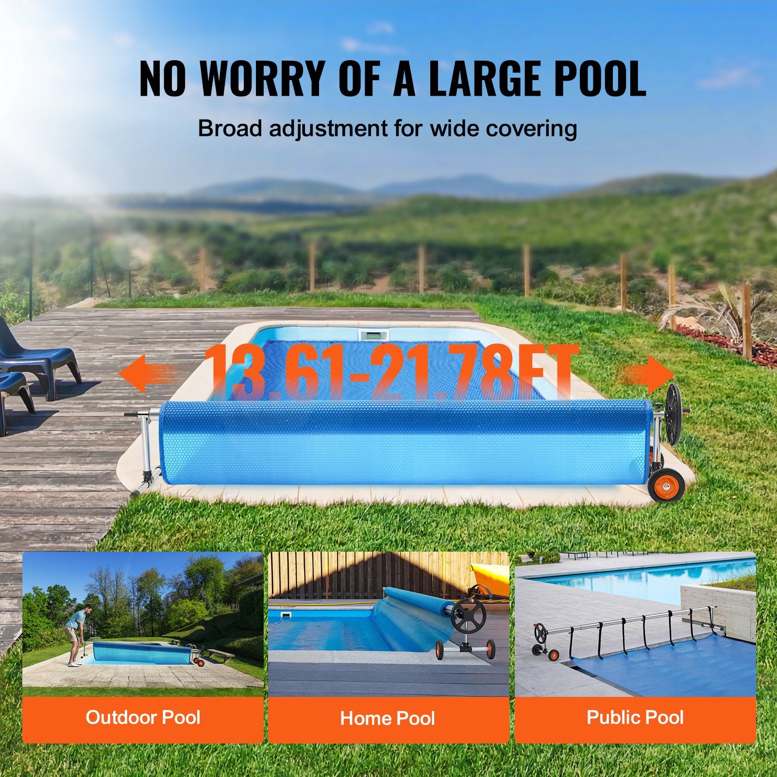 Premium Aluminum Pool Cover Reel with Solar Cover and Rubber Wheels, Fits 5-22 ft Pools, Easy Install, Includes Sandbags for Stability