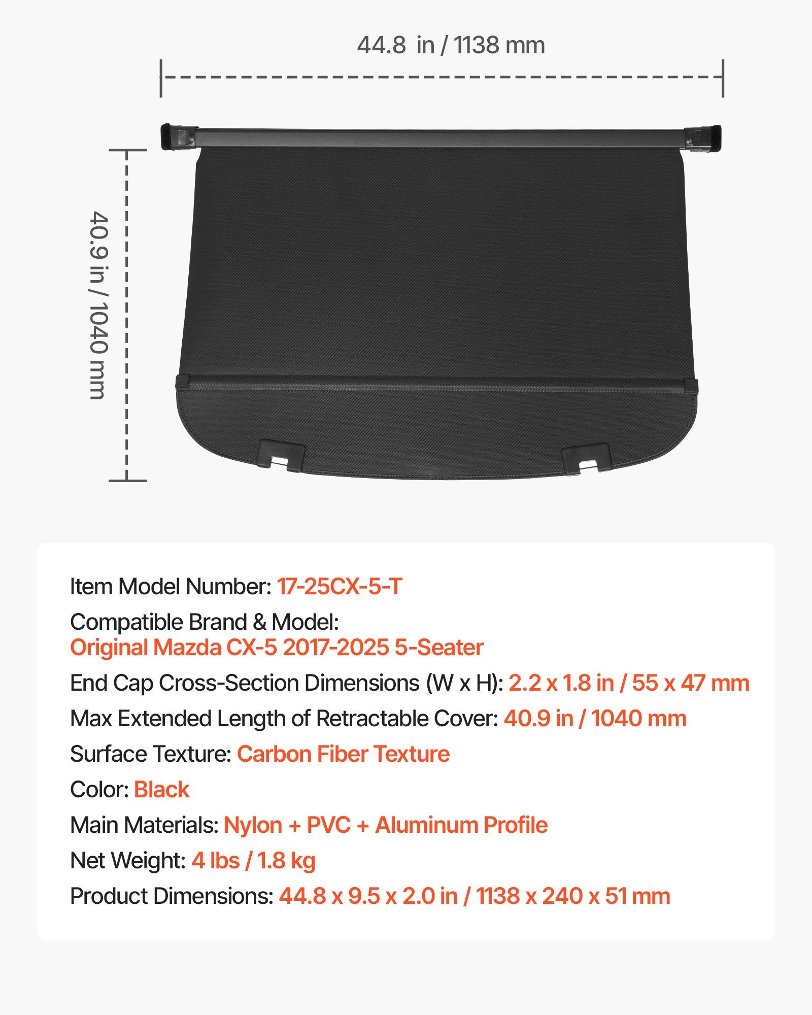 Mazda CX-5 2017-2025 Retractable Cargo Cover with Carbon Fiber Texture, Anti-Peeping Privacy Shield, Easy Install, Secure Trunk Shade