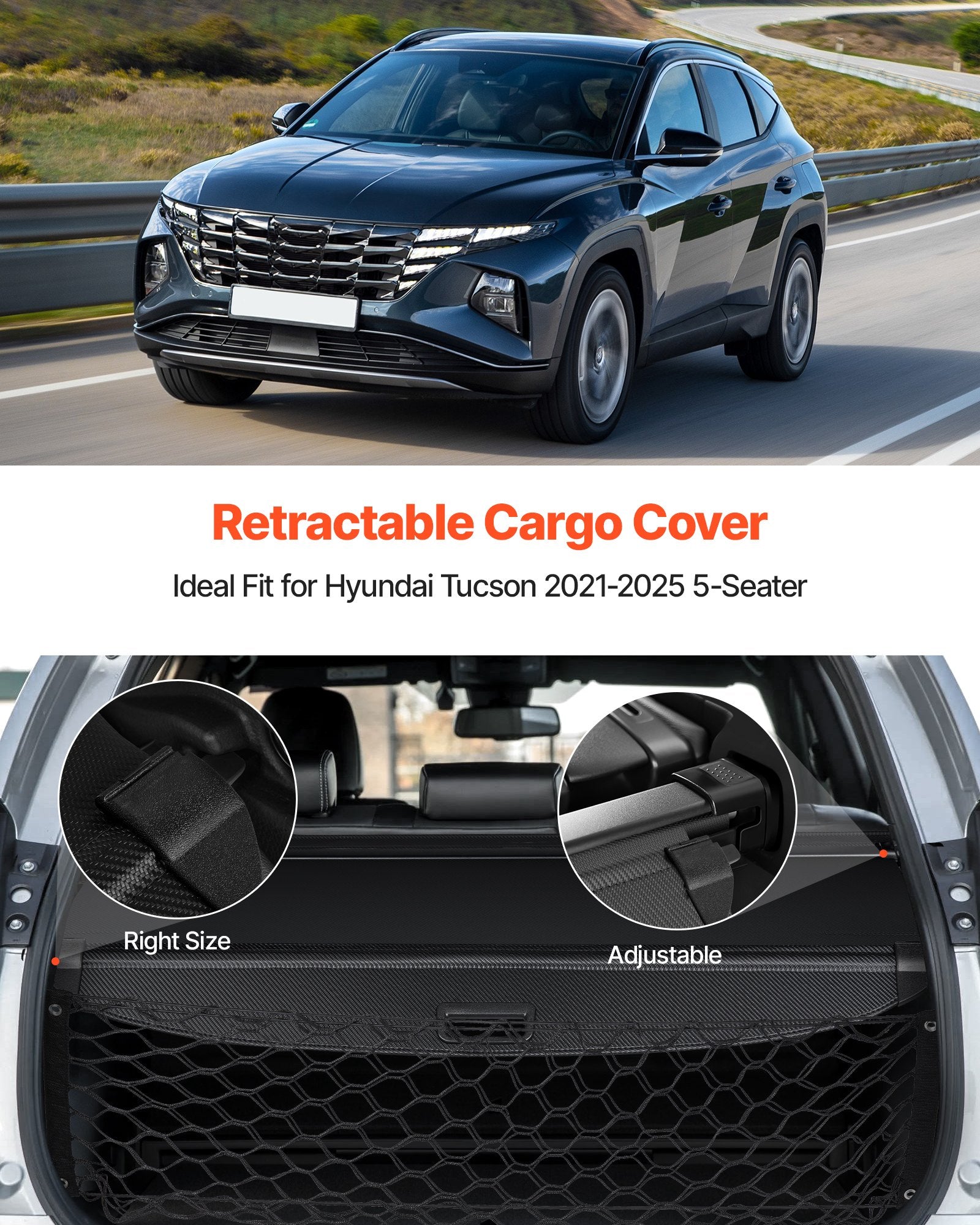 Upgraded Hyundai Tucson 2021-2025 Retractable Cargo Cover: Anti-Peeping Carbon Fiber Privacy Shield & Easy Install Security Shade with Net
