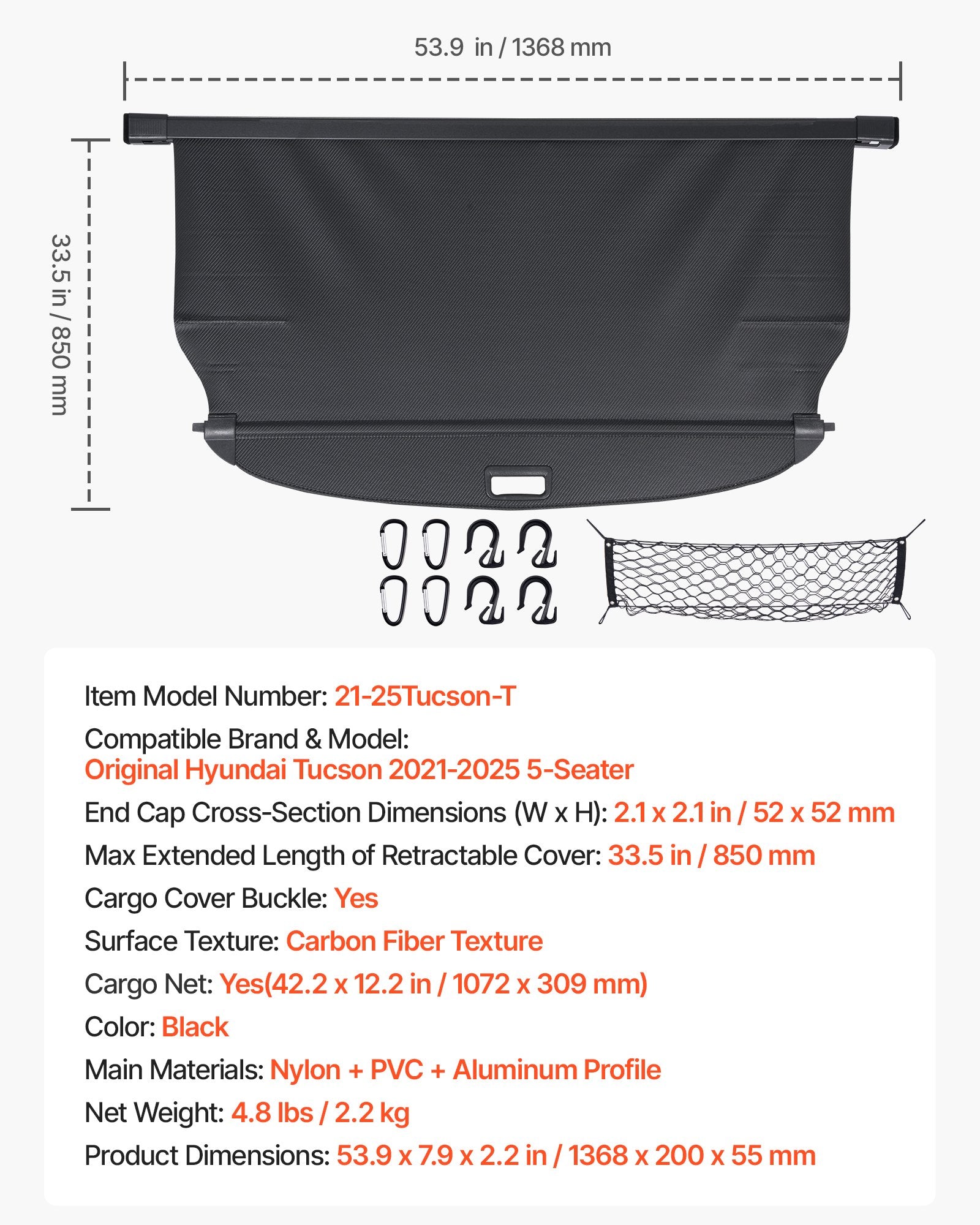 Upgraded Hyundai Tucson 2021-2025 Retractable Cargo Cover: Anti-Peeping Carbon Fiber Privacy Shield & Easy Install Security Shade with Net