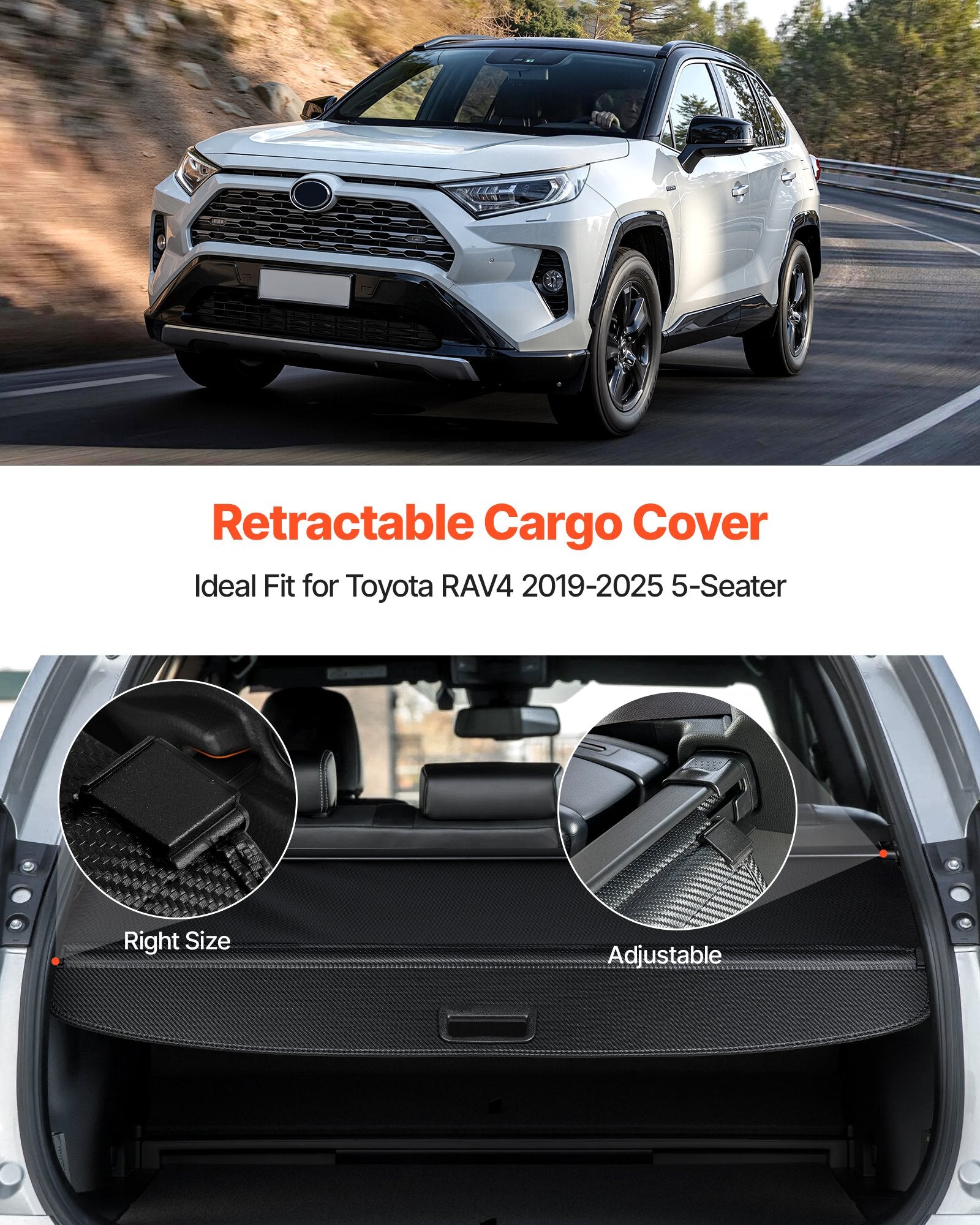 Upgraded Retractable Cargo Cover for Toyota RAV4 2019-2025 - Carbon Fiber Texture, Anti-Peeping, Easy Install, Security Trunk Shield