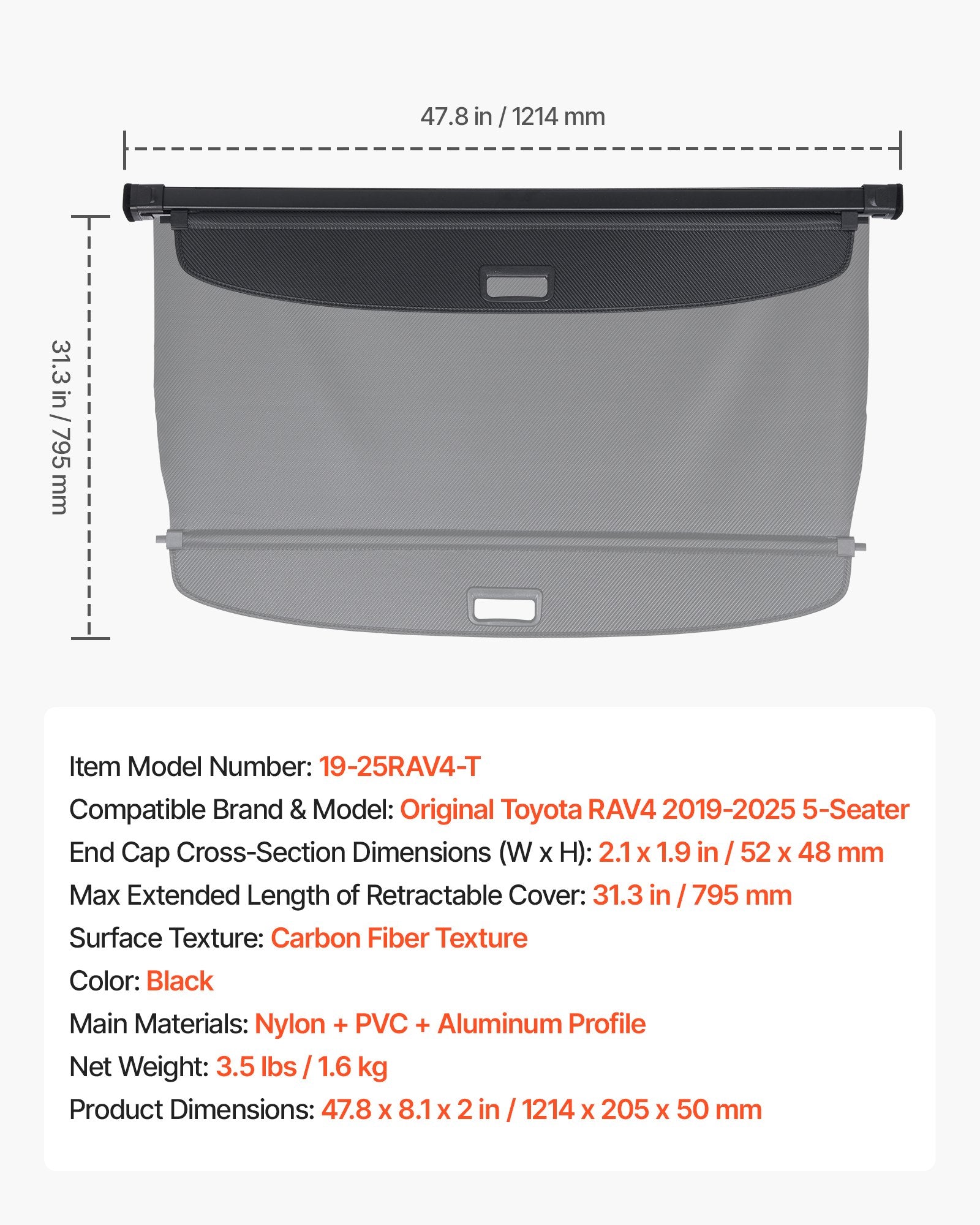 Upgraded Retractable Cargo Cover for Toyota RAV4 2019-2025 - Carbon Fiber Texture, Anti-Peeping, Easy Install, Security Trunk Shield