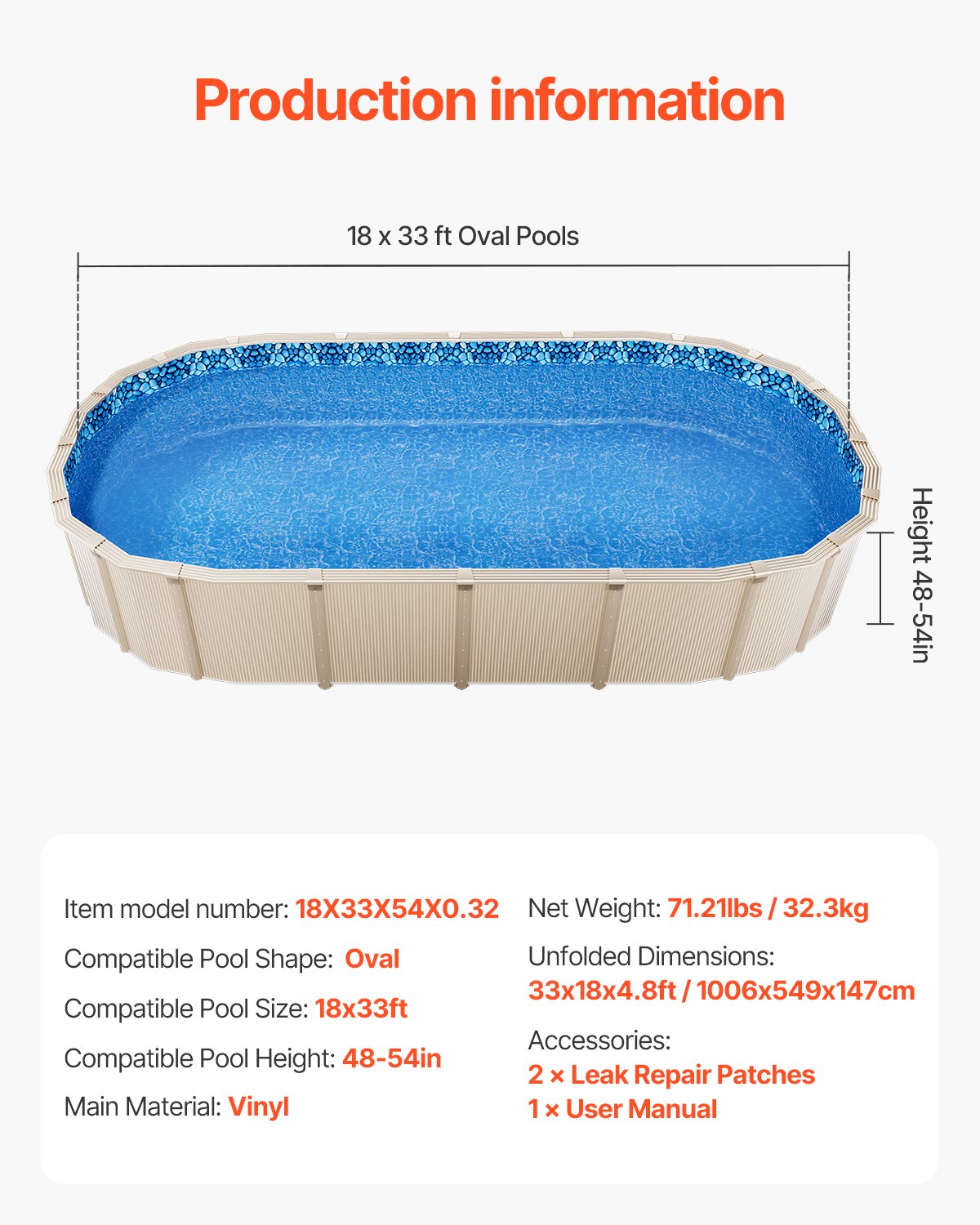Durable 18x33ft Oval Overlap Pool Liner for Above Ground Pools, Fits 48-54in Wall, Tear-Resistant Vinyl, Beautiful Pattern, Premium Quality