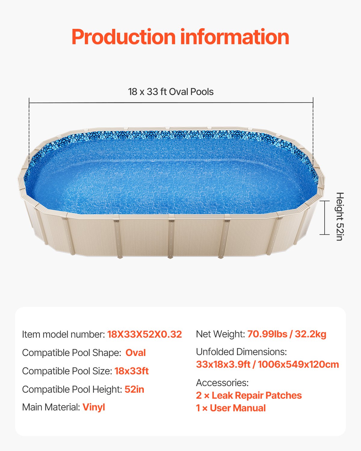 Oval Unibead Pool Liner 18x33 ft - Premium Vinyl, Durable, Tear-Resistant, Weather-Proof, 52" Wall, Above Ground, Standard Gauge