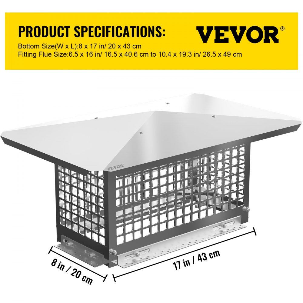 VEVOR Chimney Cap, 8" x 17" Flue Caps, 304 Stainless Steel Fireplace Chimney Cover, Adjustable Metal Spark Arrestor With Bolts Screws , Mesh Chimney Flue Cover for Outside Existing Clay Flue Tile