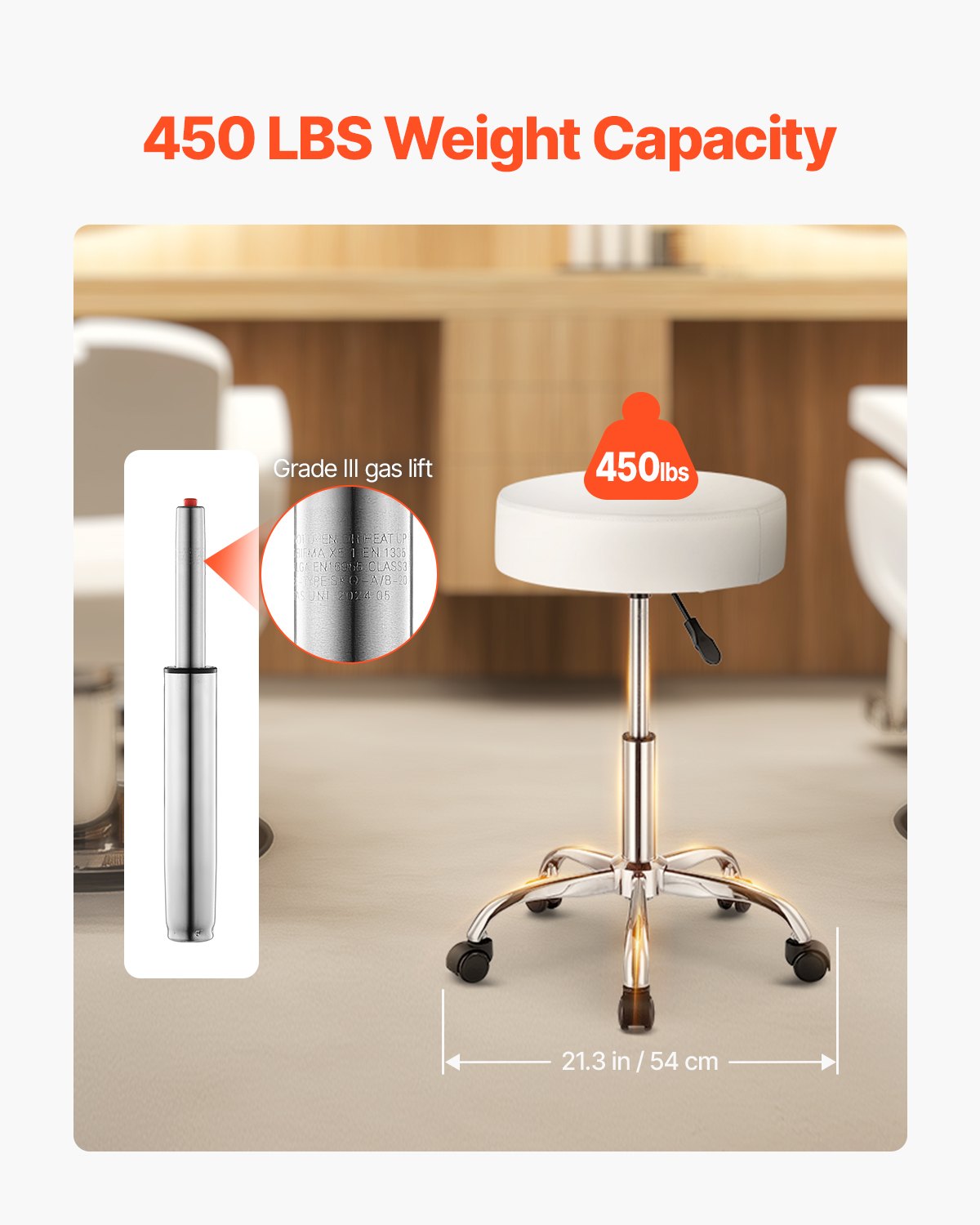 White Adjustable Rolling Stool Chair with 360° Swivel Wheels for Salon, Spa, Tattoo & Clinic - 450 LBS Capacity, Thick PU Leather, Easy Assembly