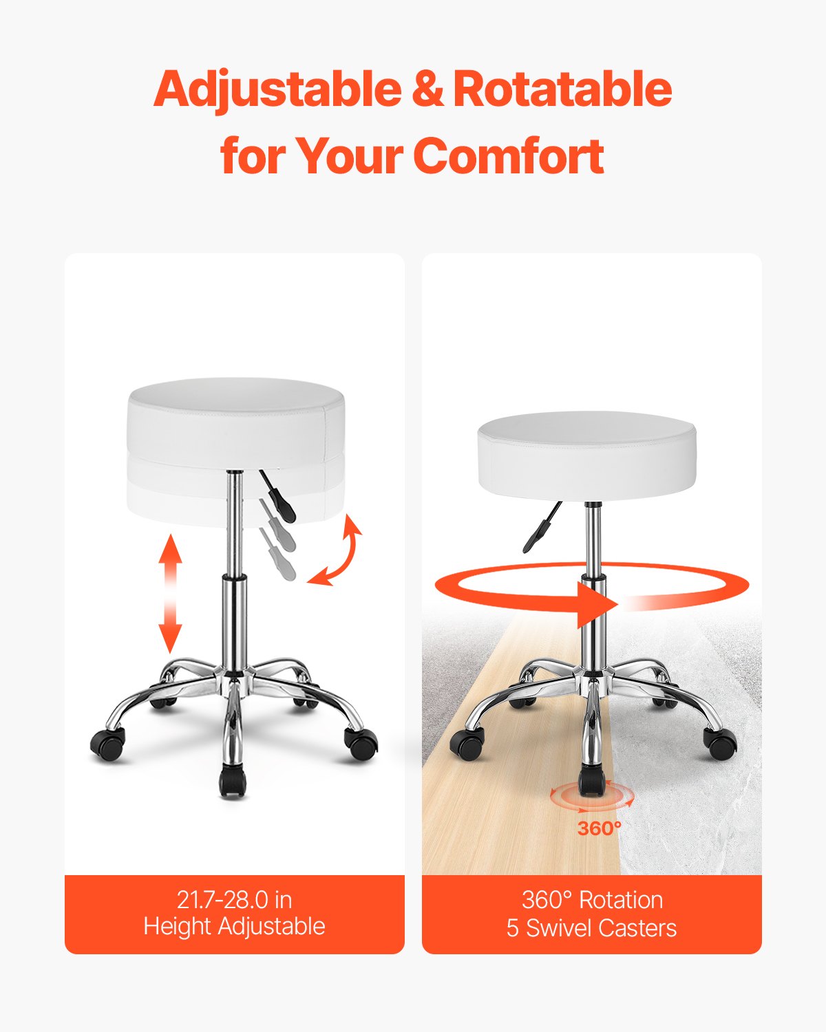 White Adjustable Rolling Stool Chair with 360° Swivel Wheels for Salon, Spa, Tattoo & Clinic - 450 LBS Capacity, Thick PU Leather, Easy Assembly