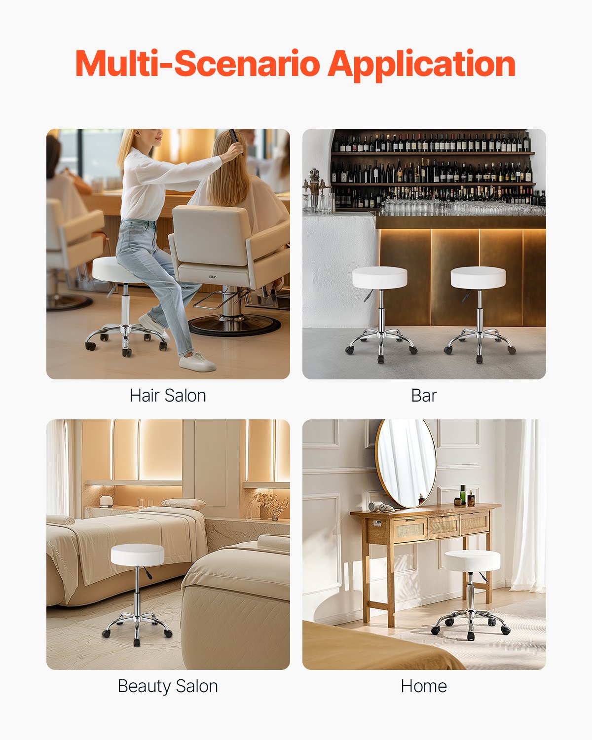 White Adjustable Rolling Stool Chair with 360° Swivel Wheels for Salon, Spa, Tattoo & Clinic - 450 LBS Capacity, Thick PU Leather, Easy Assembly