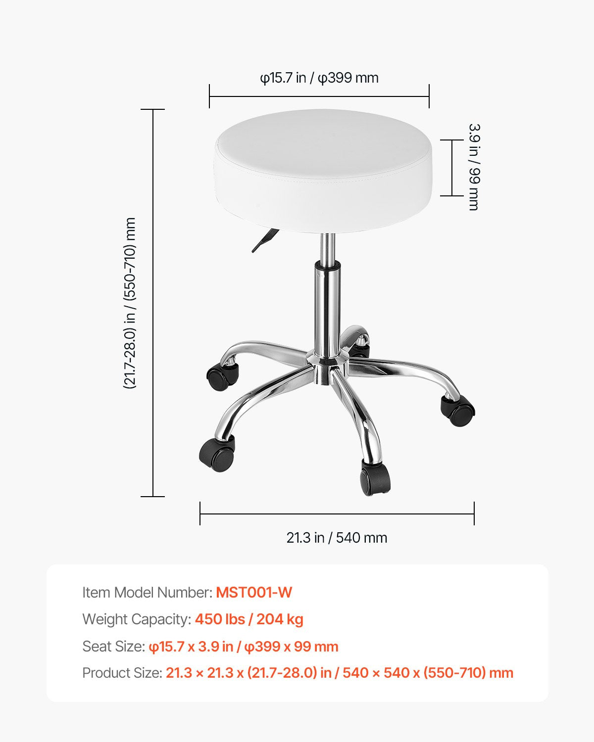 White Adjustable Rolling Stool Chair with 360° Swivel Wheels for Salon, Spa, Tattoo & Clinic - 450 LBS Capacity, Thick PU Leather, Easy Assembly