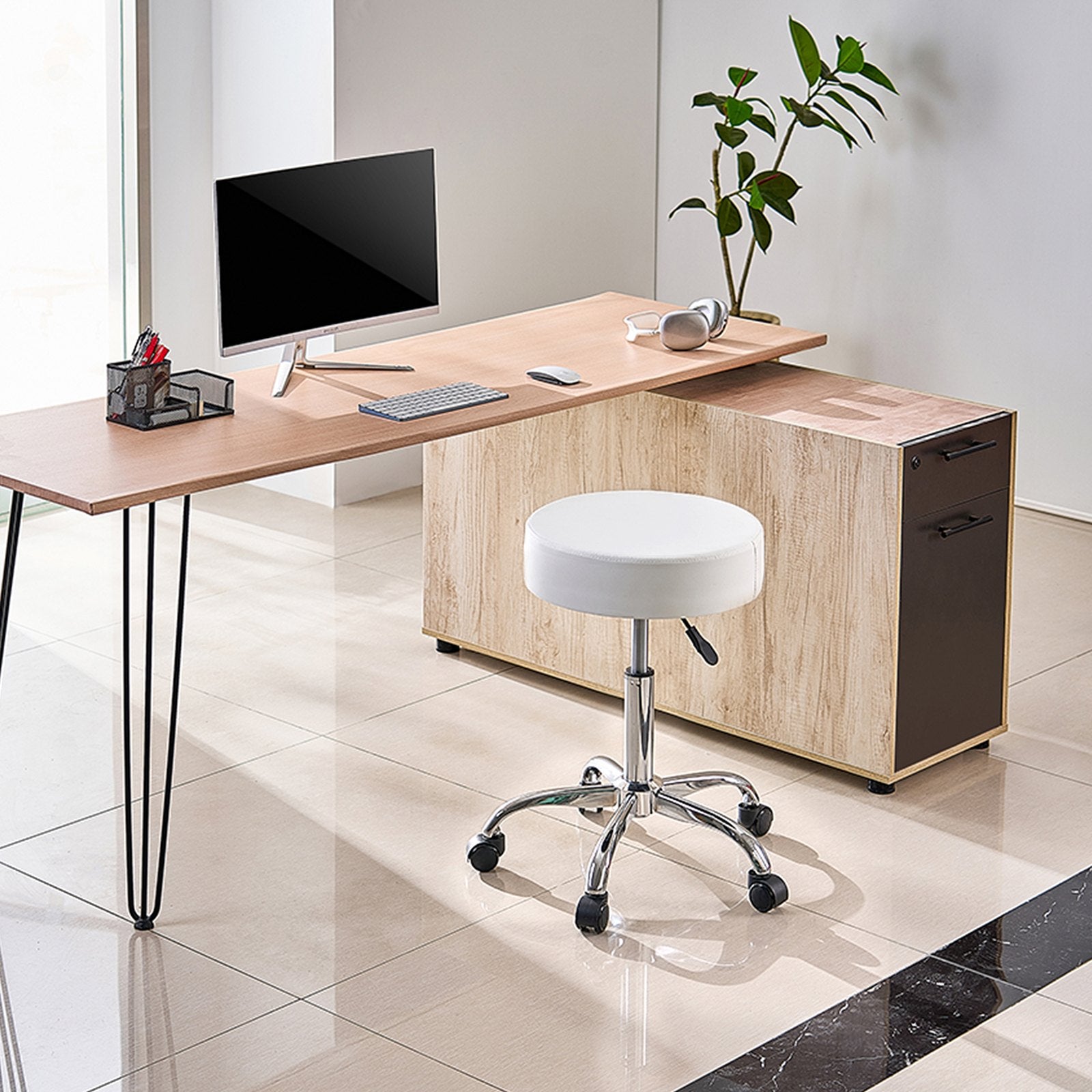 White Adjustable Rolling Stool Chair with 360° Swivel Wheels for Salon, Spa, Tattoo & Clinic - 450 LBS Capacity, Thick PU Leather, Easy Assembly