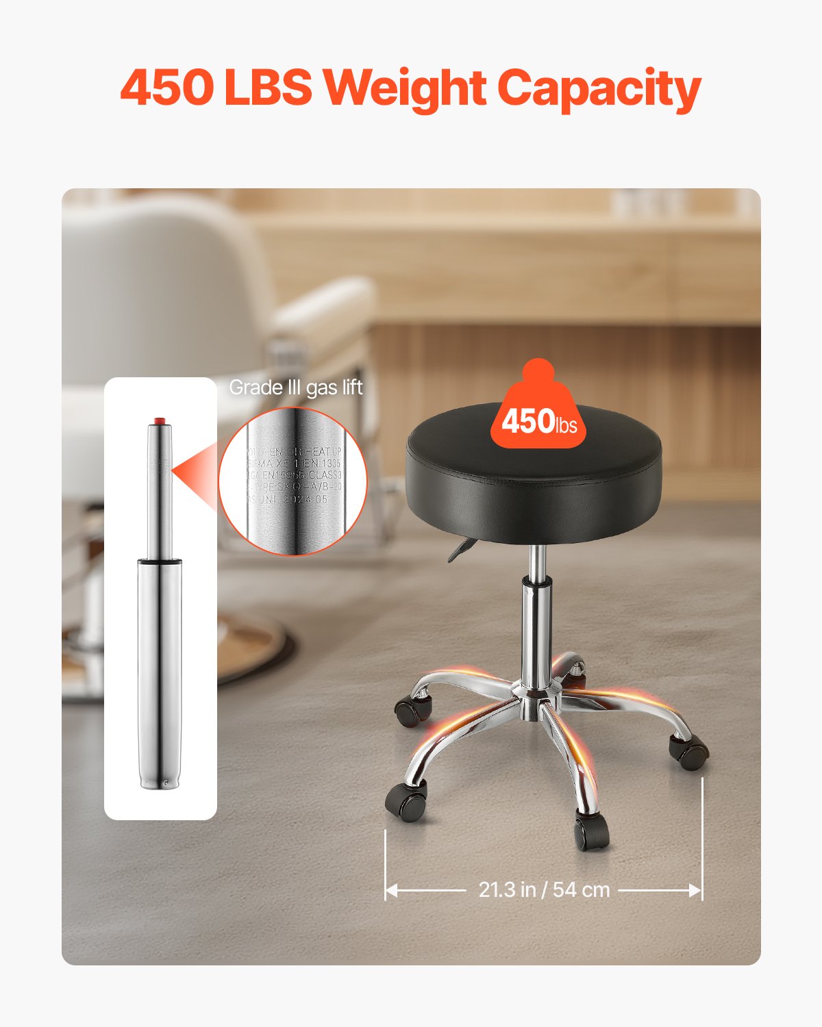Versatile 450 LBS Capacity Rolling Swivel Stool with Adjustable Height, Thick PU Leather for Salon, Spa, Tattoo, Clinic, Black Wheels