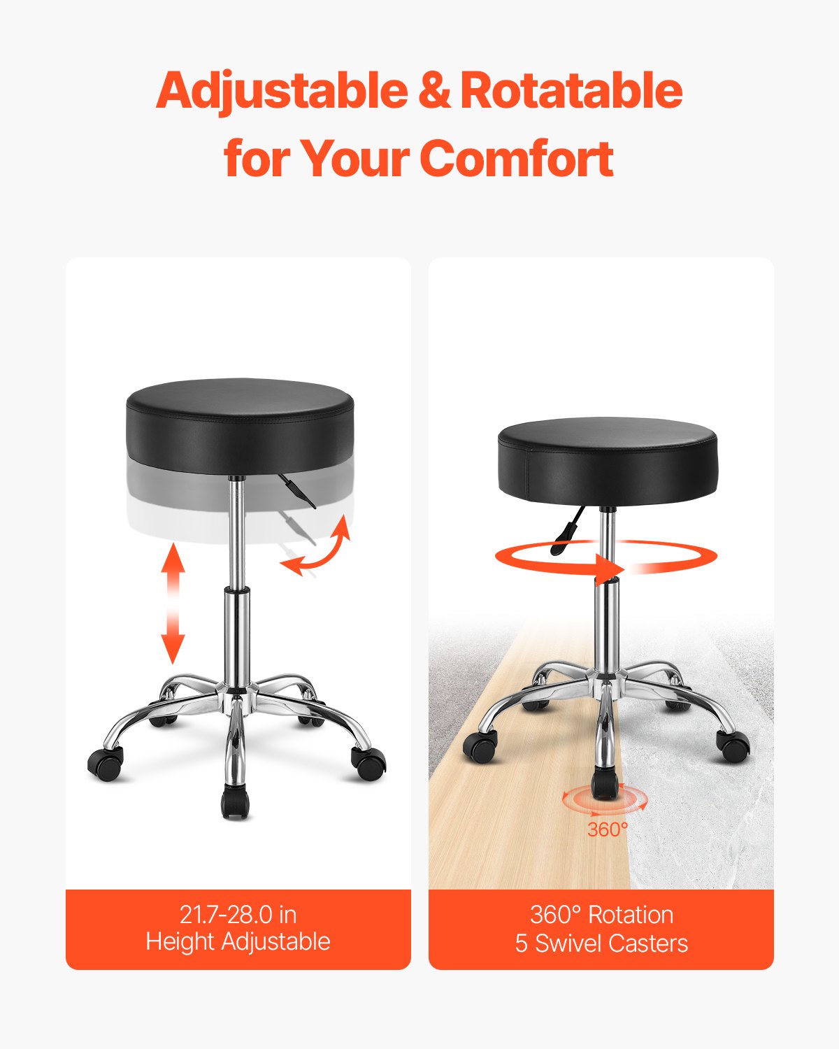 Versatile 450 LBS Capacity Rolling Swivel Stool with Adjustable Height, Thick PU Leather for Salon, Spa, Tattoo, Clinic, Black Wheels