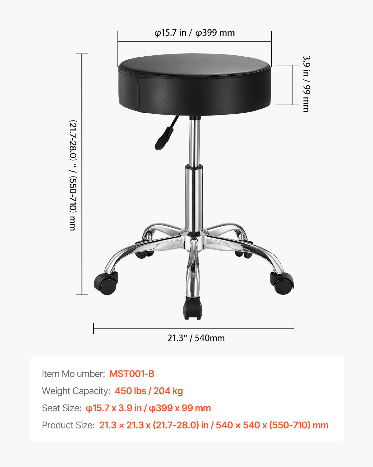 Versatile 450 LBS Capacity Rolling Swivel Stool with Adjustable Height, Thick PU Leather for Salon, Spa, Tattoo, Clinic, Black Wheels
