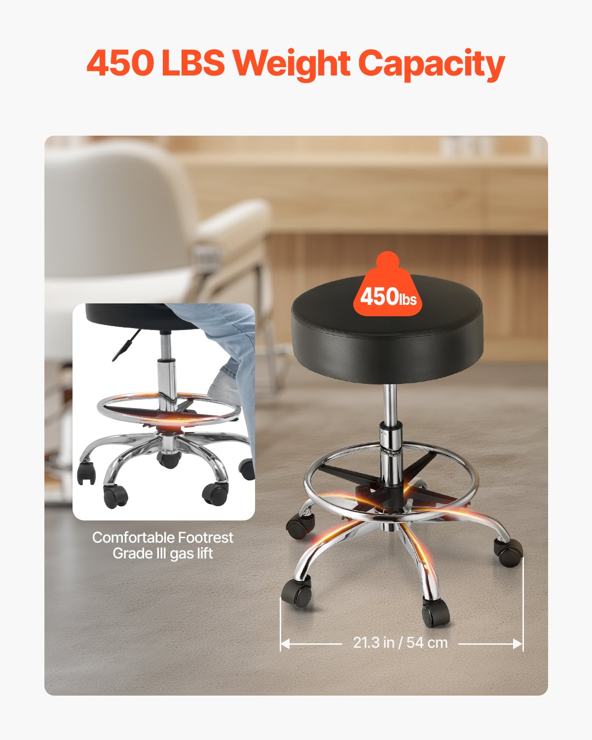 Ergonomic Black Swivel Stool with Adjustable Height, 450 LBS Capacity, Foot Rest & Wheels - Ideal for Salon, Spa, Tattoo, Clinic, Massage