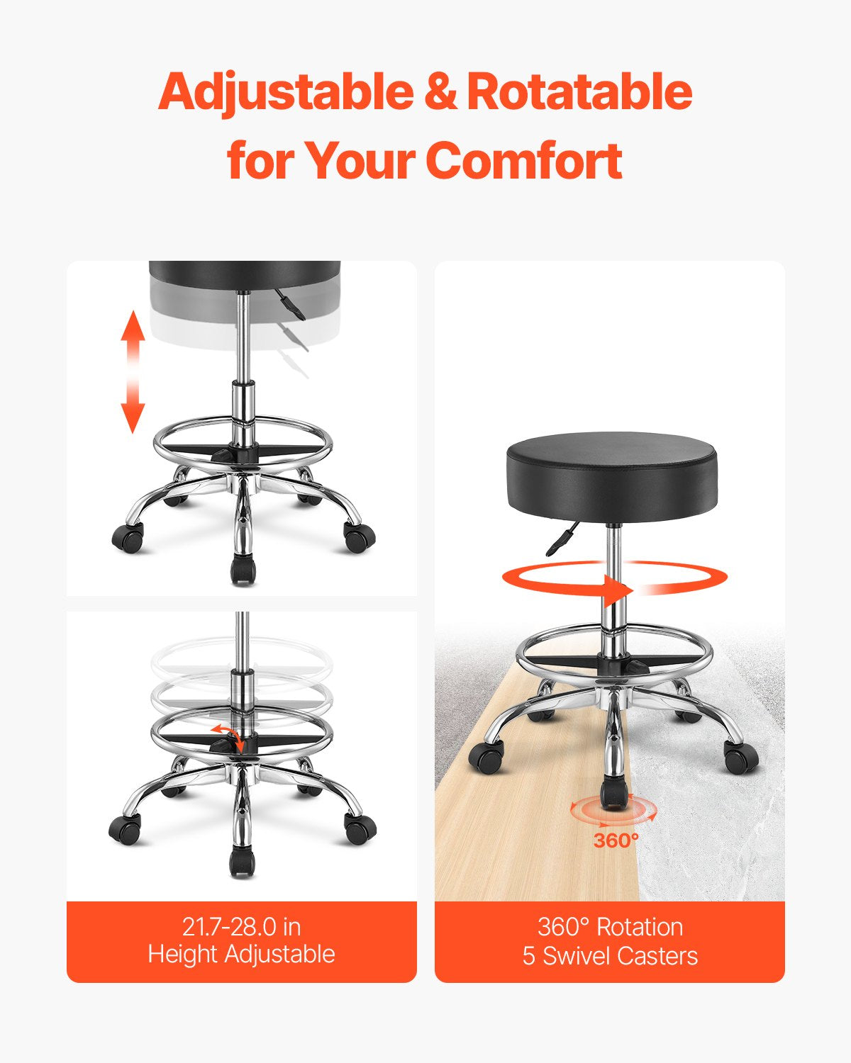 Ergonomic Black Swivel Stool with Adjustable Height, 450 LBS Capacity, Foot Rest & Wheels - Ideal for Salon, Spa, Tattoo, Clinic, Massage