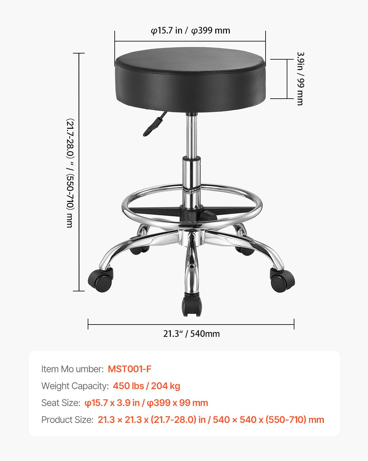 Ergonomic Black Swivel Stool with Adjustable Height, 450 LBS Capacity, Foot Rest & Wheels - Ideal for Salon, Spa, Tattoo, Clinic, Massage