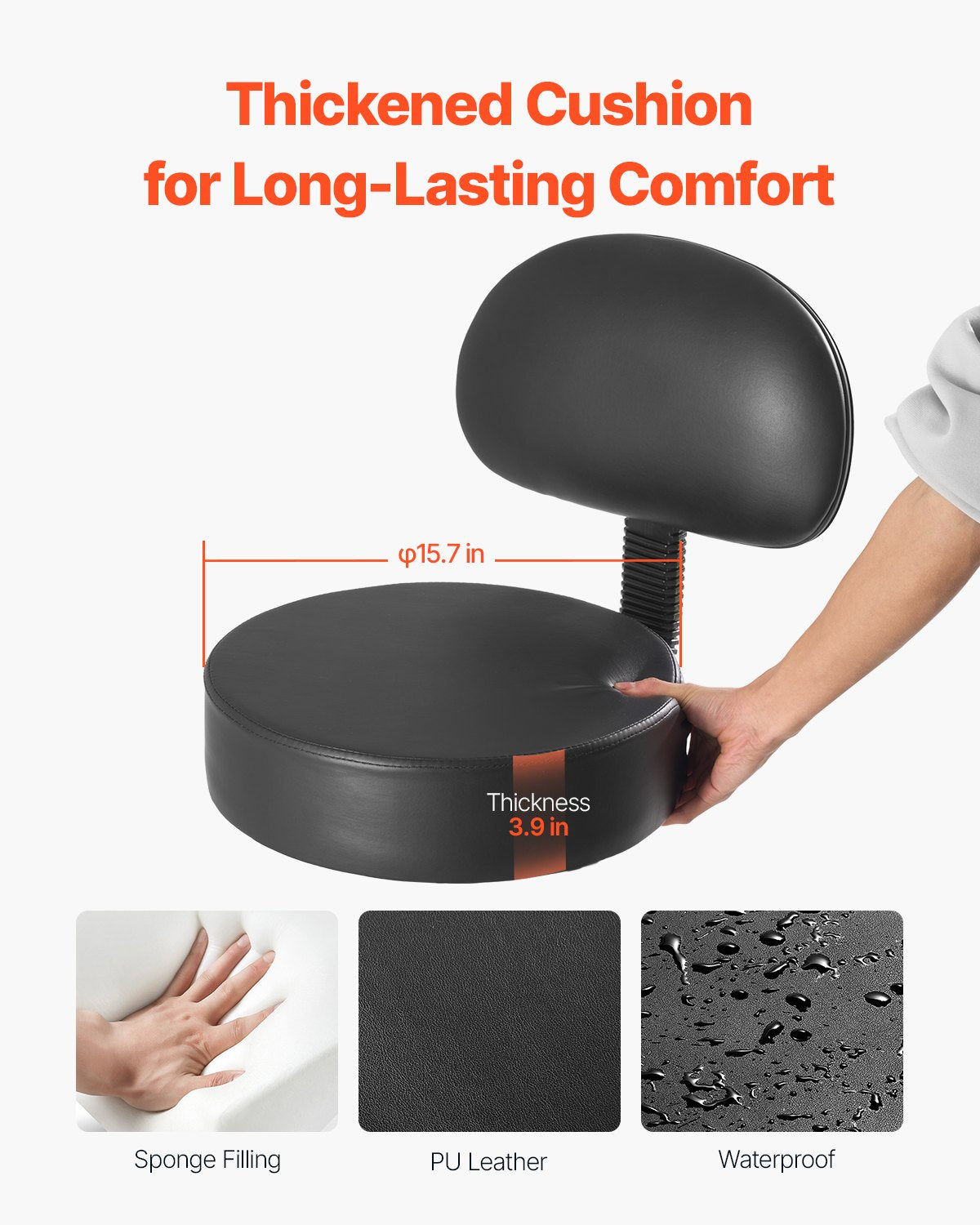 Ergonomic Black Rolling Stool with Backrest, 450 lbs Capacity, Adjustable PU Leather Swivel Chair for Salon, Spa, Tattoo, Clinic, Massage