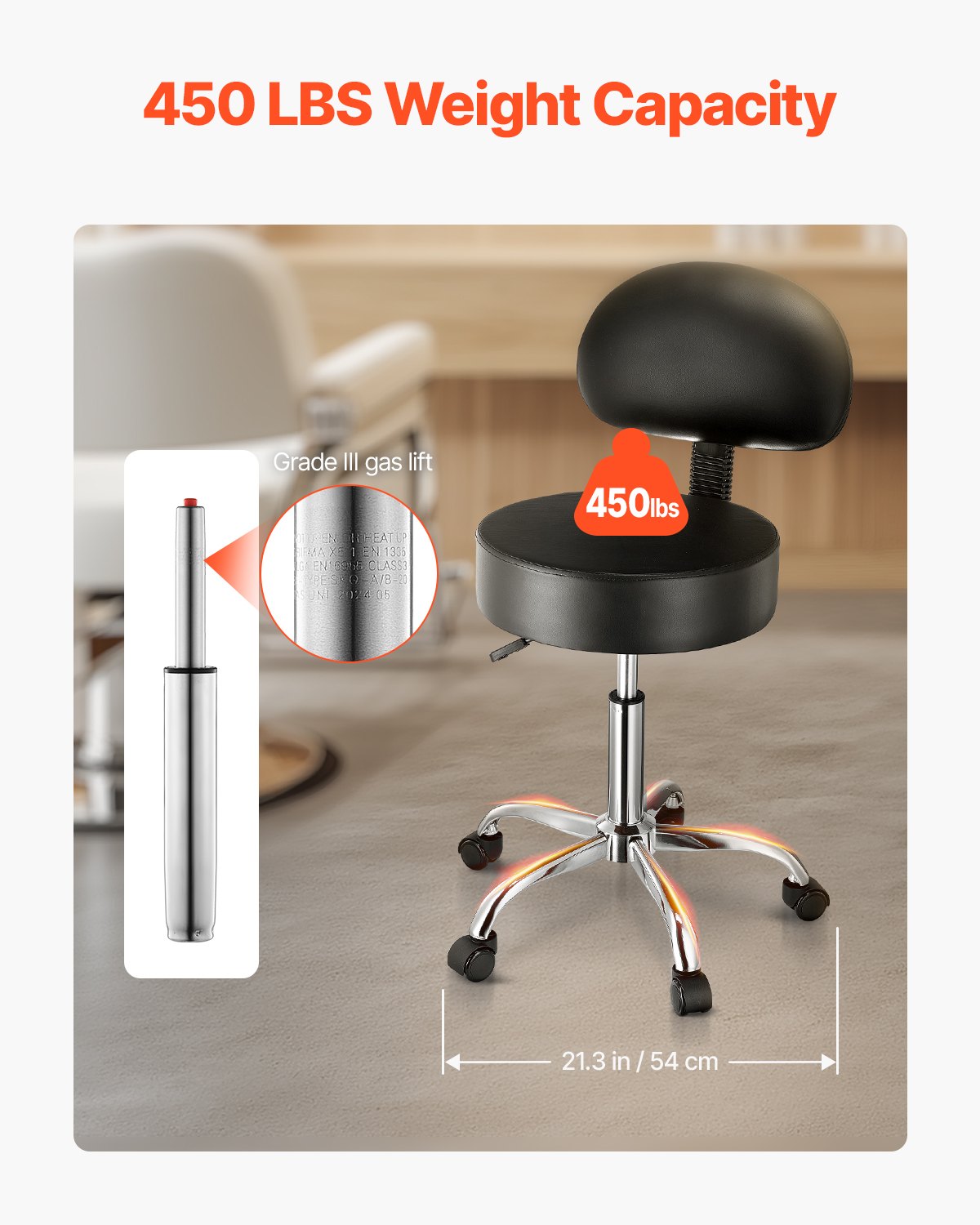 Ergonomic Black Rolling Stool with Backrest, 450 lbs Capacity, Adjustable PU Leather Swivel Chair for Salon, Spa, Tattoo, Clinic, Massage
